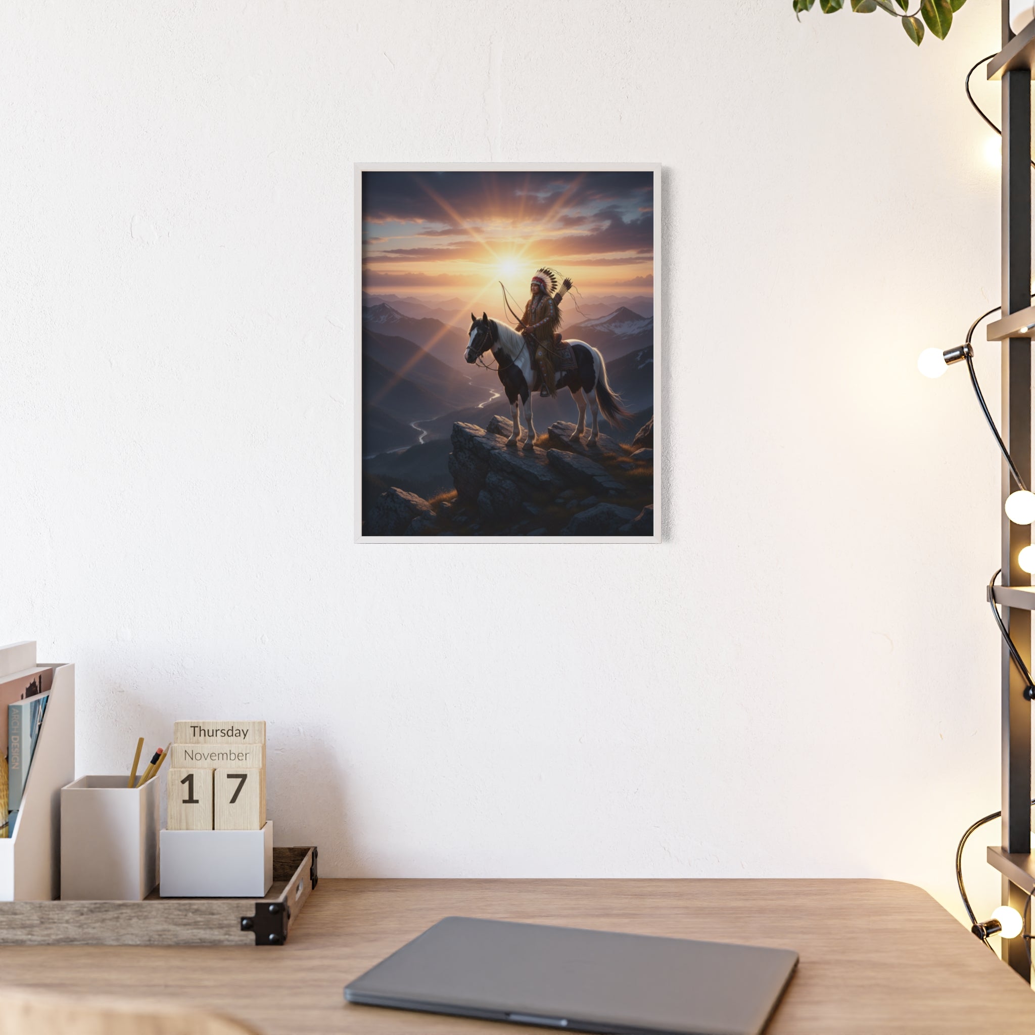 Native American Warrior on Horse Framed Poster — Scenic Sunrise Wall Art