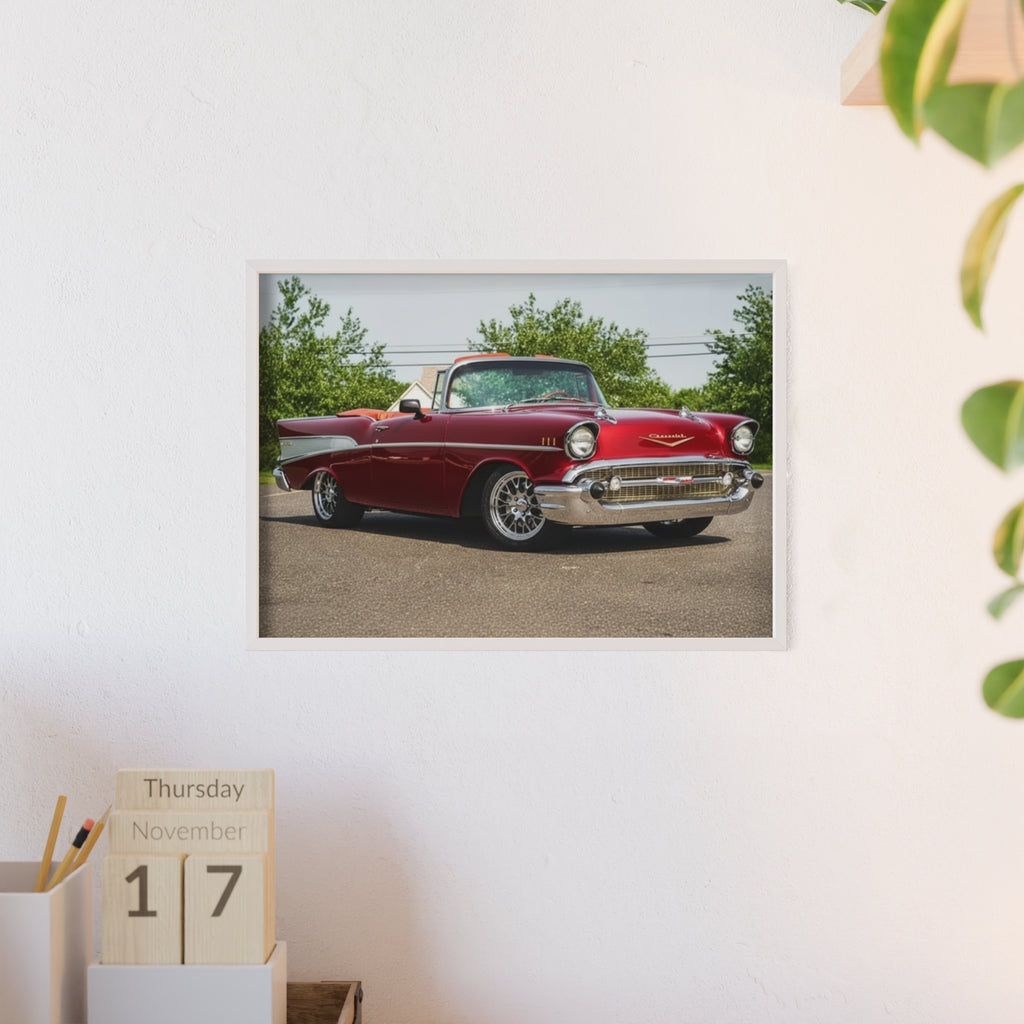 Vintage Red Classic Car Poster with Wooden Frame — Retro Automotive Wall Art