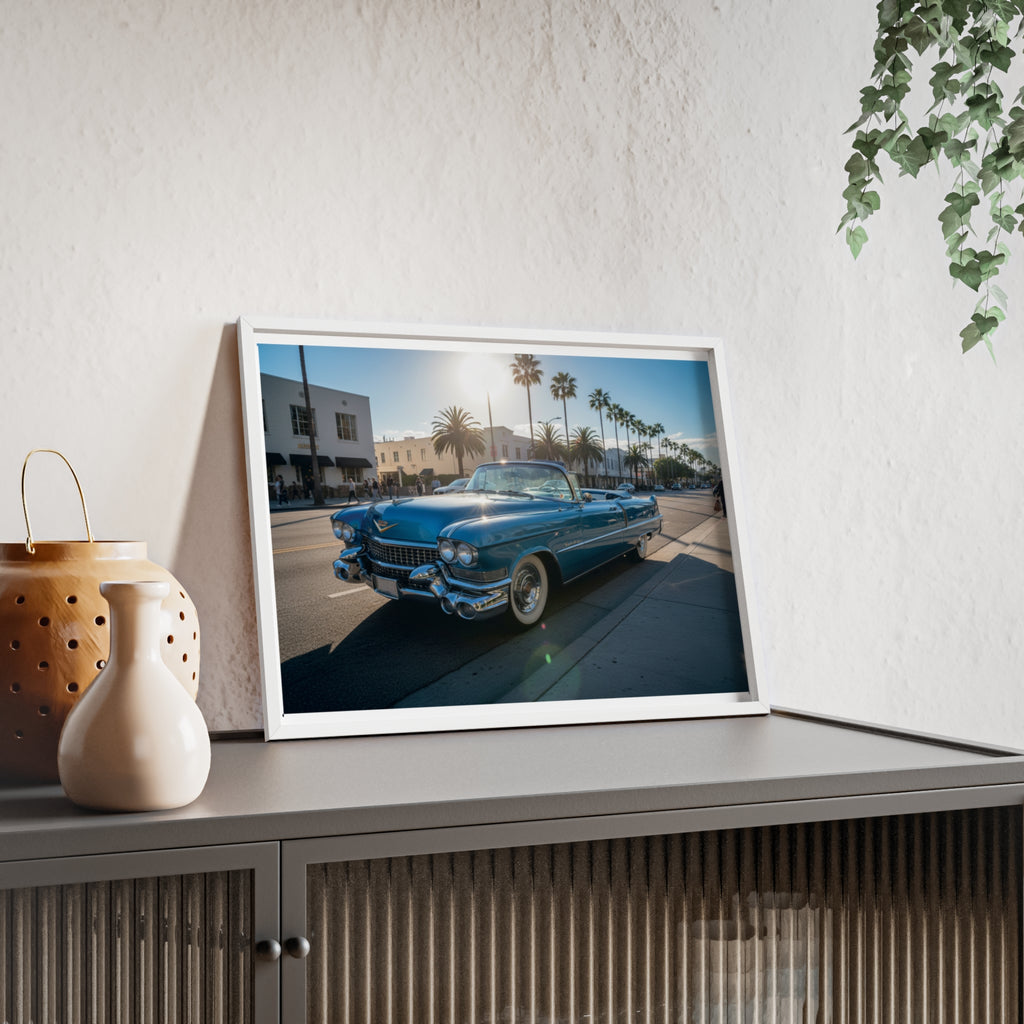 Framed Vintage Cadillac Poster – Retro Palm-Tree Coastal Car Wall Art