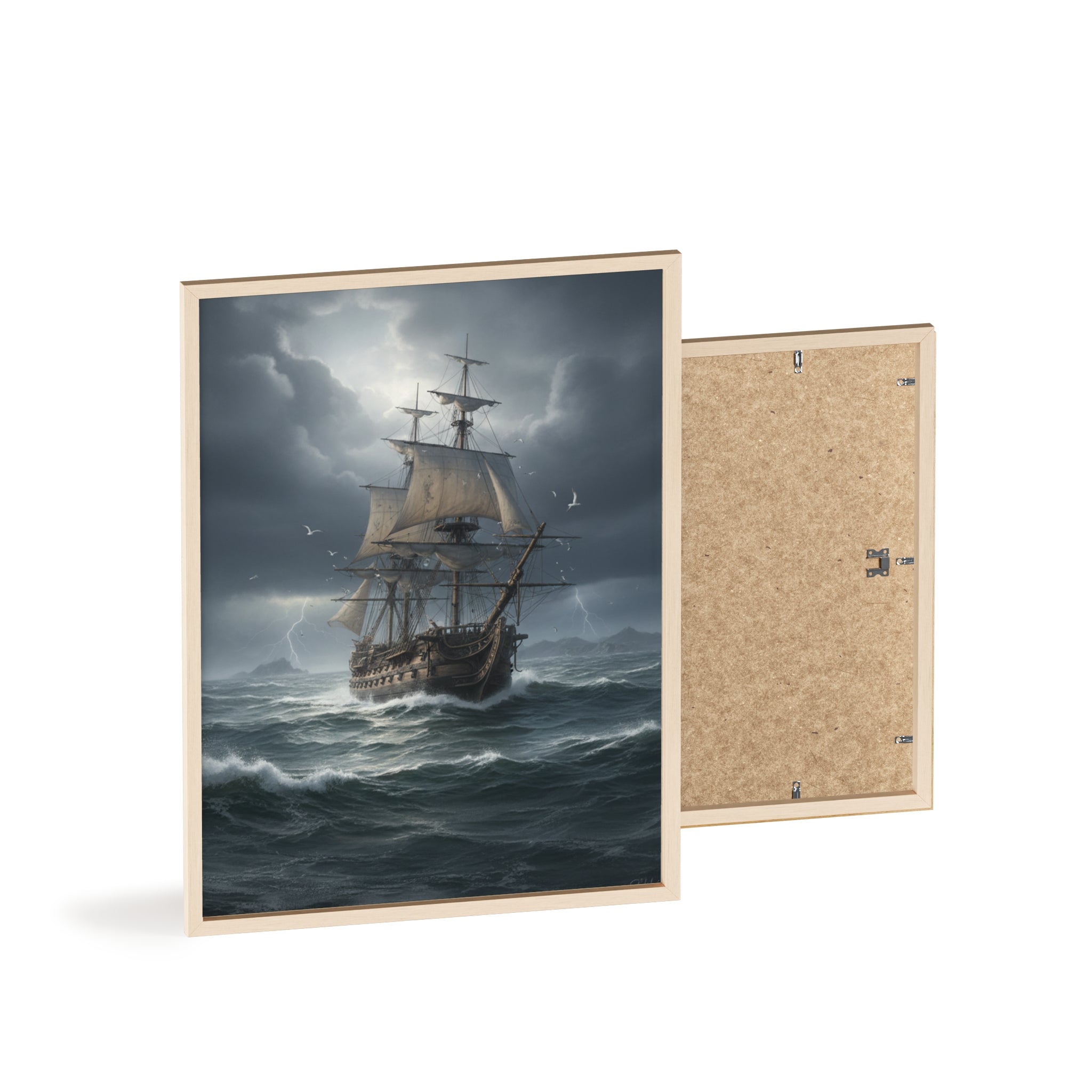 Framed Stormy Sea Ship Poster — Nautical Wall Art with Wooden Frame