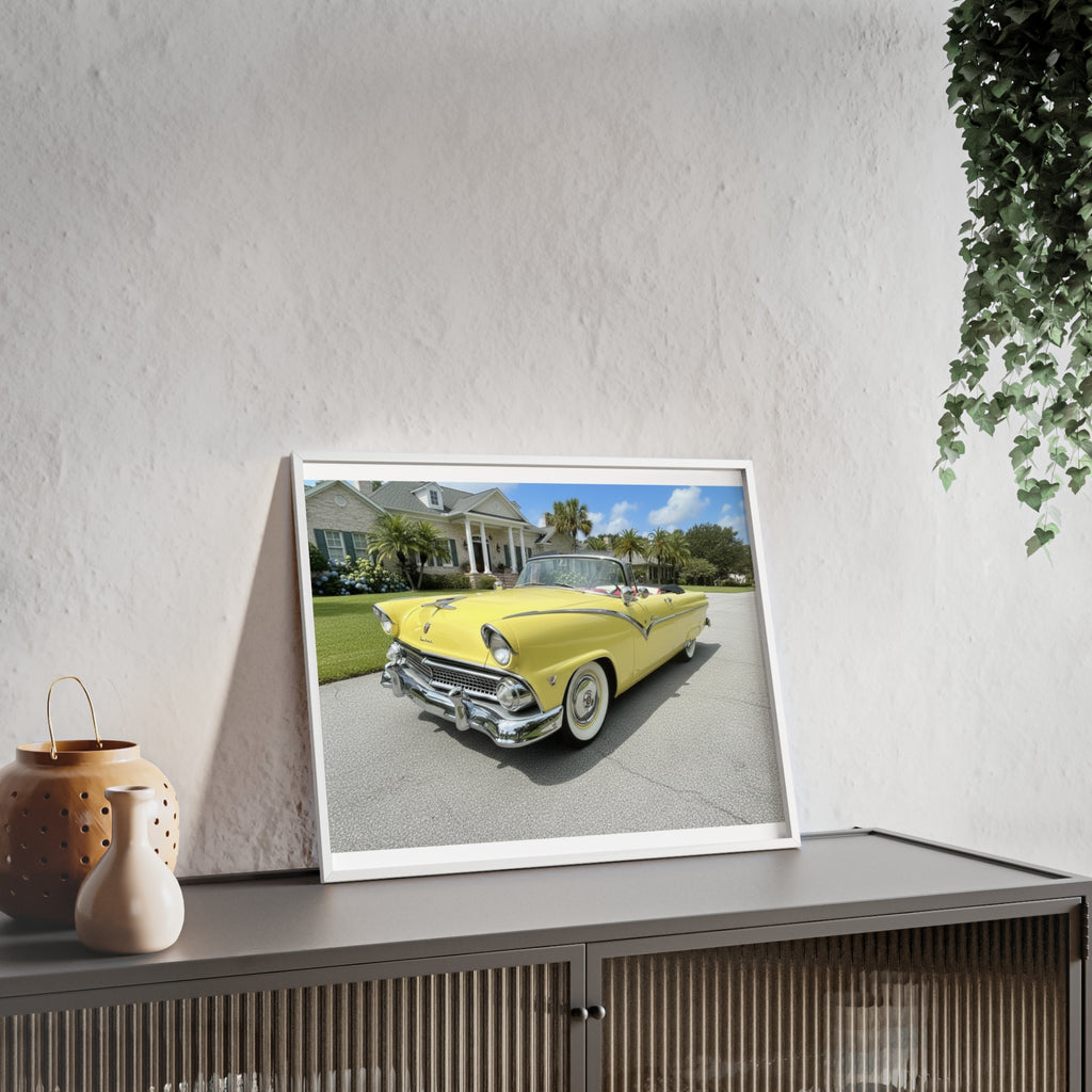 Vintage Yellow Classic Car Poster — Framed Wooden Wall Art