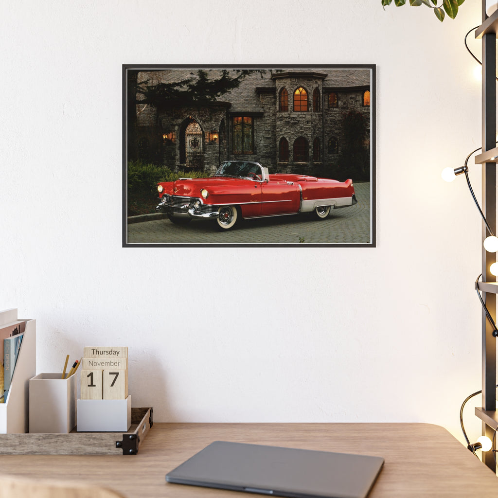 Vintage Red Convertible Poster with Wooden Frame — Classic Car Wall Art