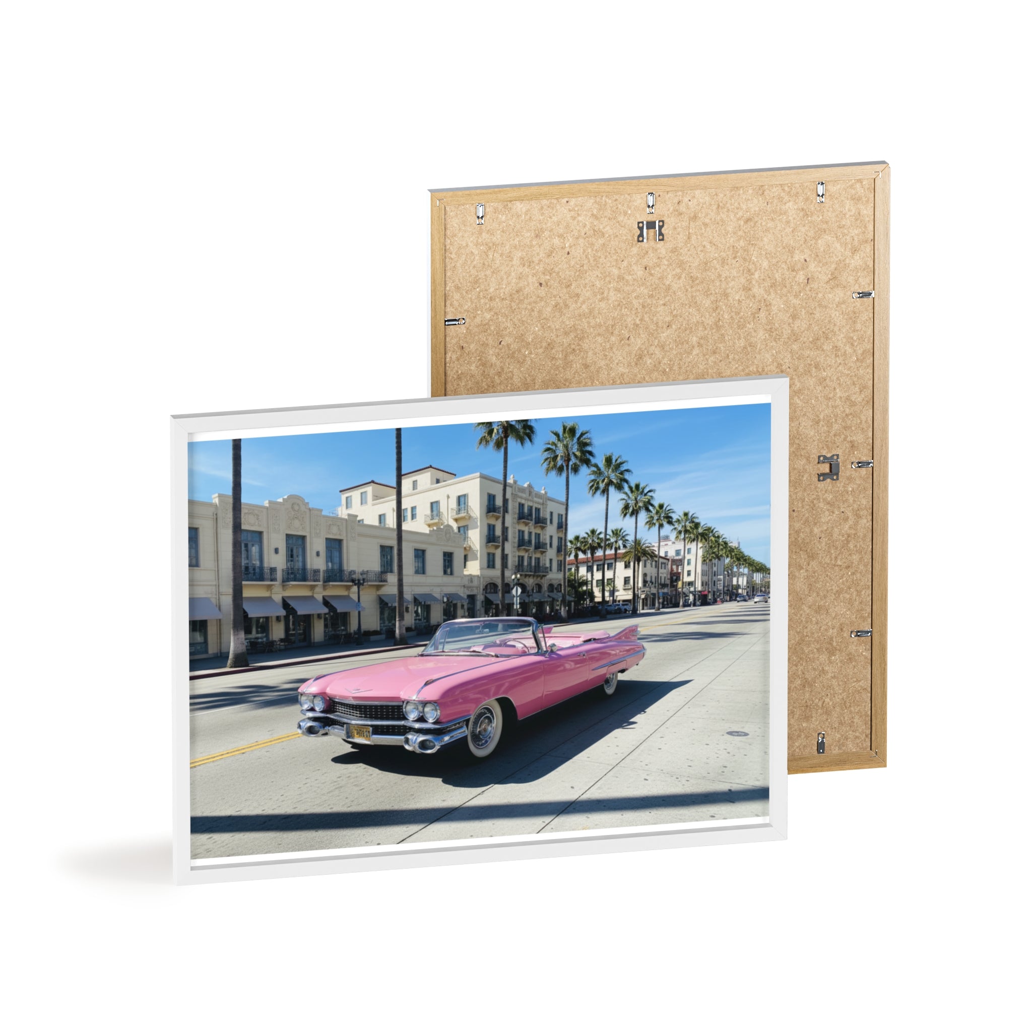 Retro Pink Cadillac Poster with Wooden Frame — Vintage Palm-Drive Wall Art