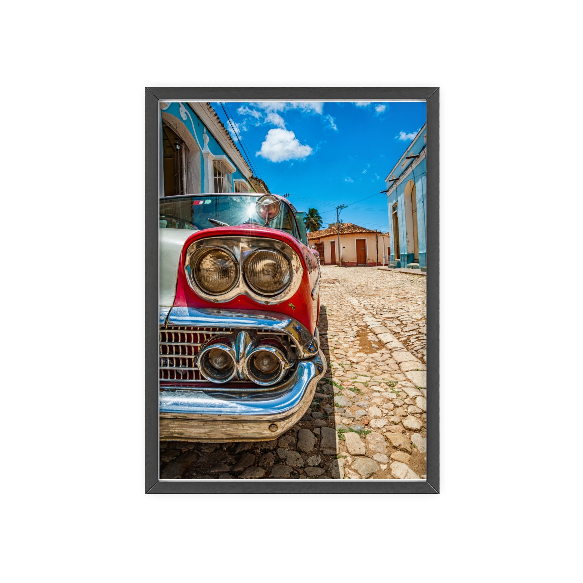 Vintage Classic Car Poster with Wooden Frame — Retro Cuba Street Photography Wall Art