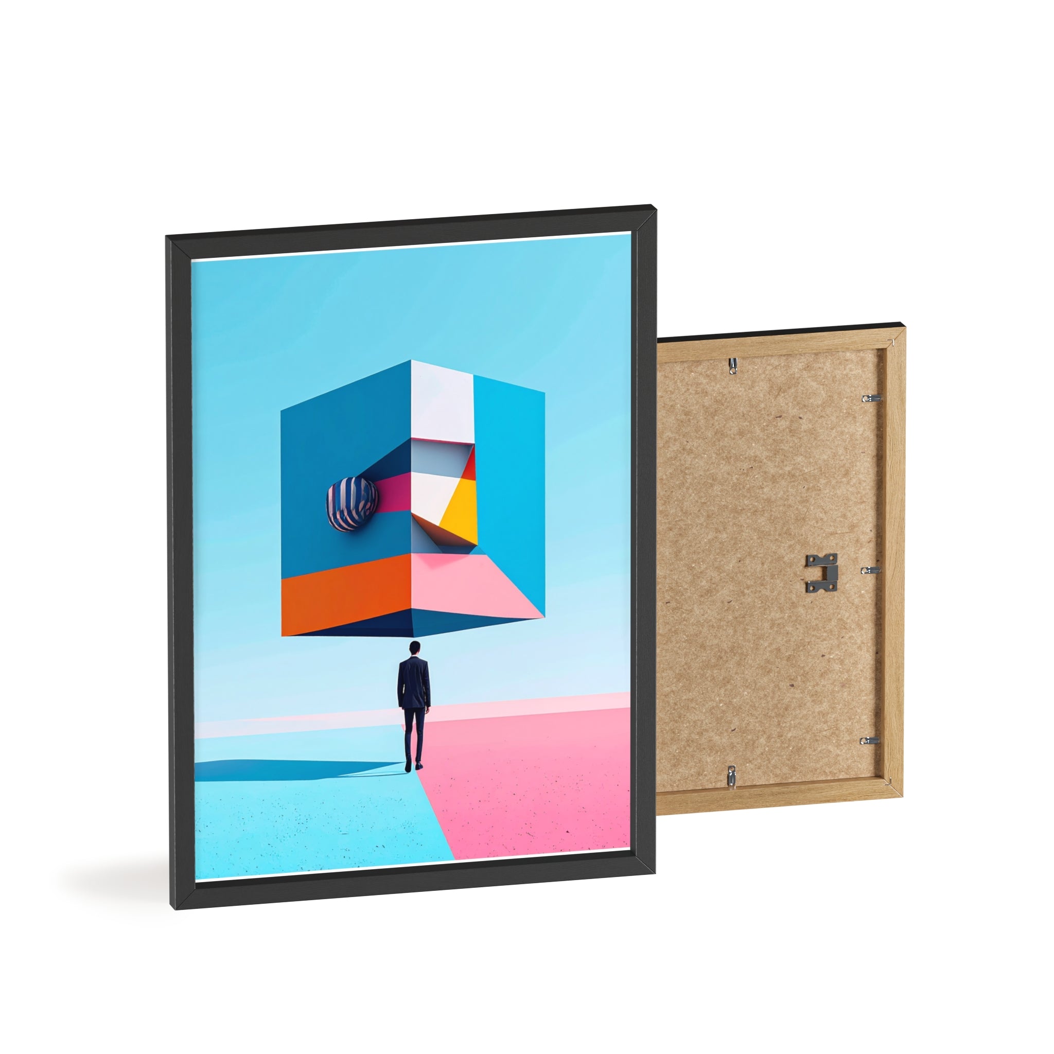 Surreal Geometric Art Poster with Wooden Frame — Modern Minimal Wall Decor