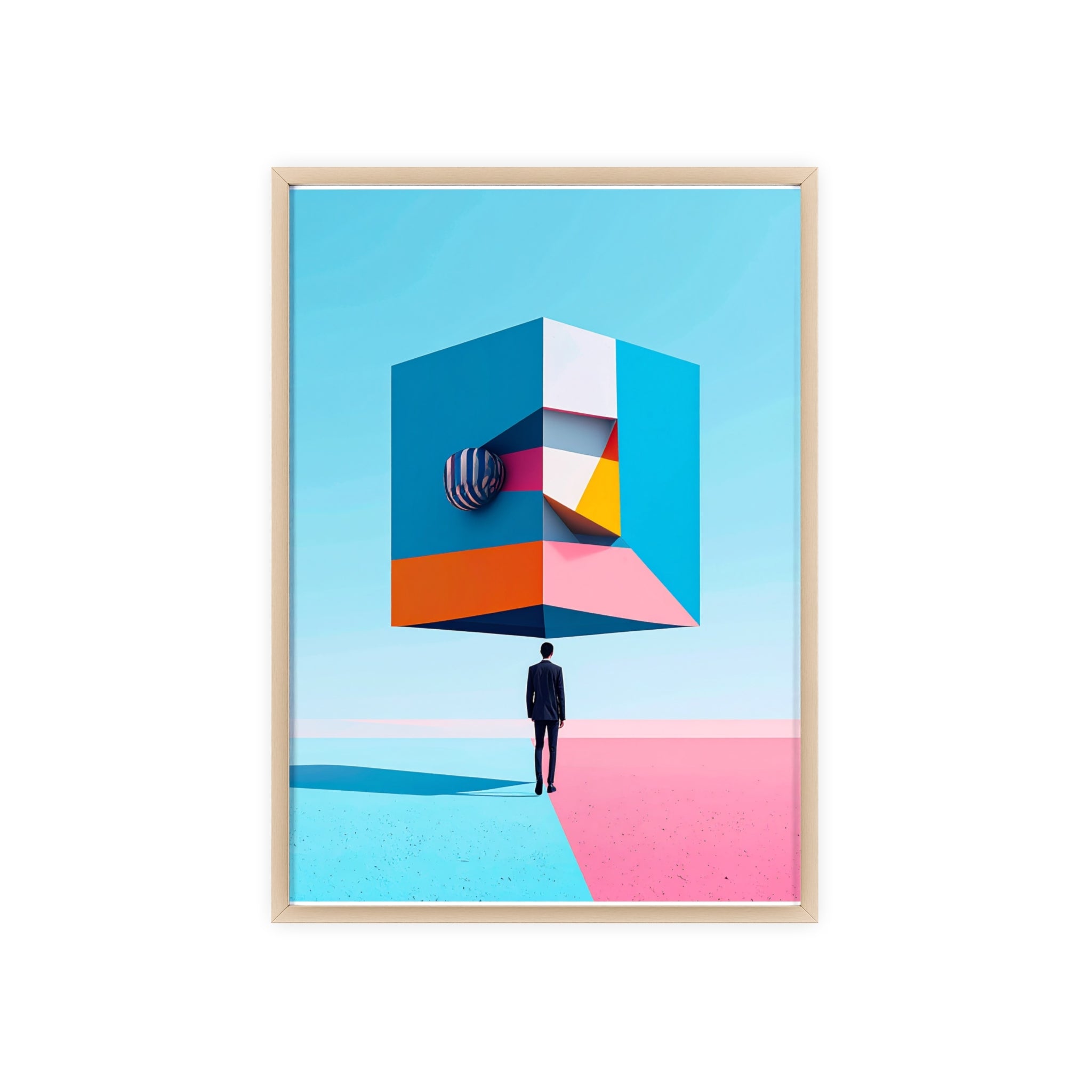 Surreal Geometric Art Poster with Wooden Frame — Modern Minimal Wall Decor