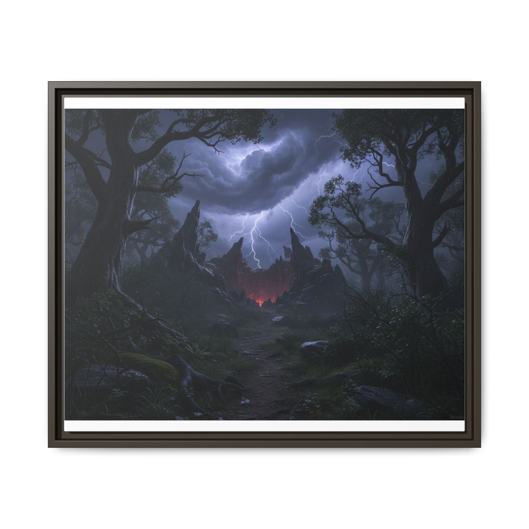 Dark Storm Forest Framed Canvas Print — Lightning, Haunted Castle Art