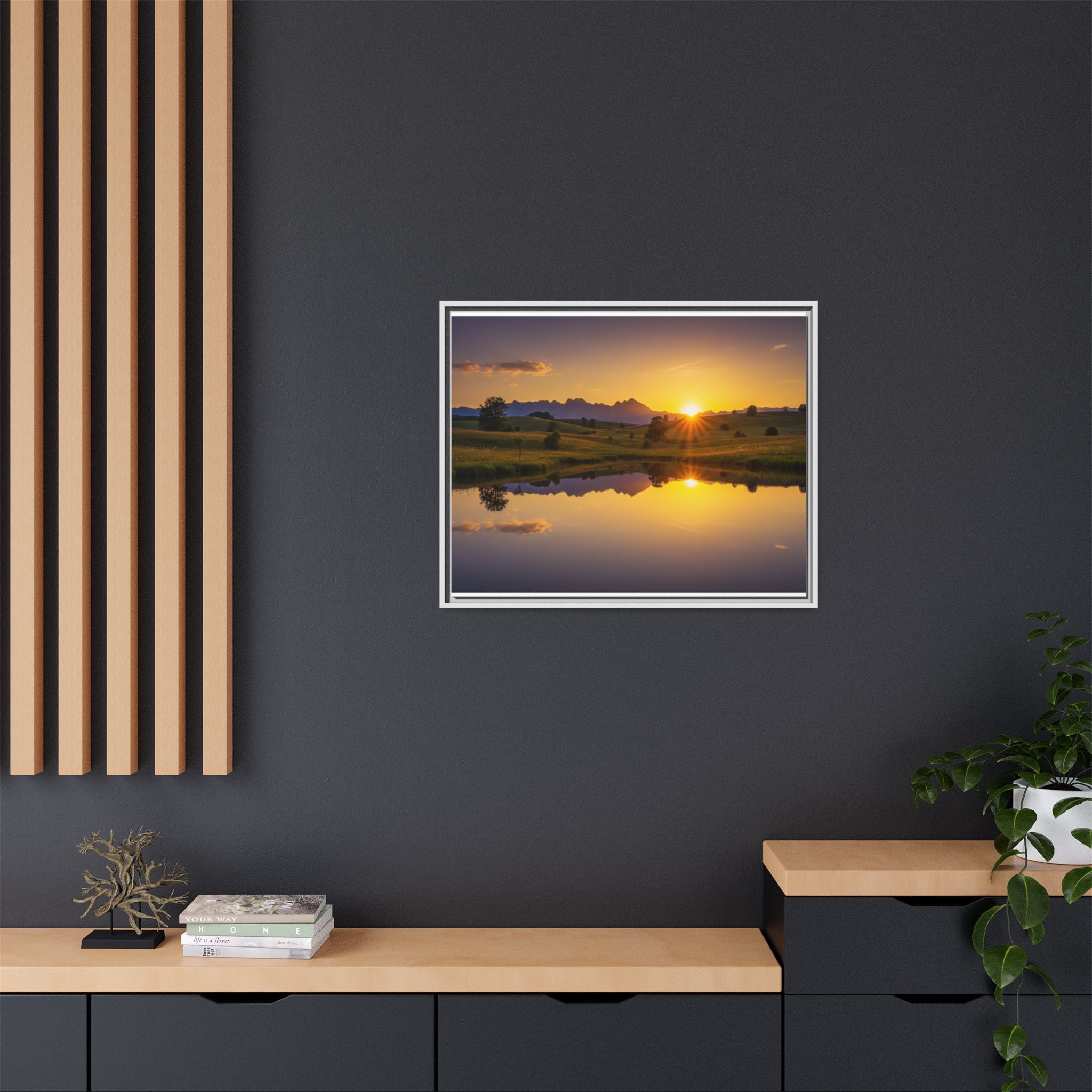 Framed Matte Canvas Sunset Landscape — Serene Lake Reflection Wall Art