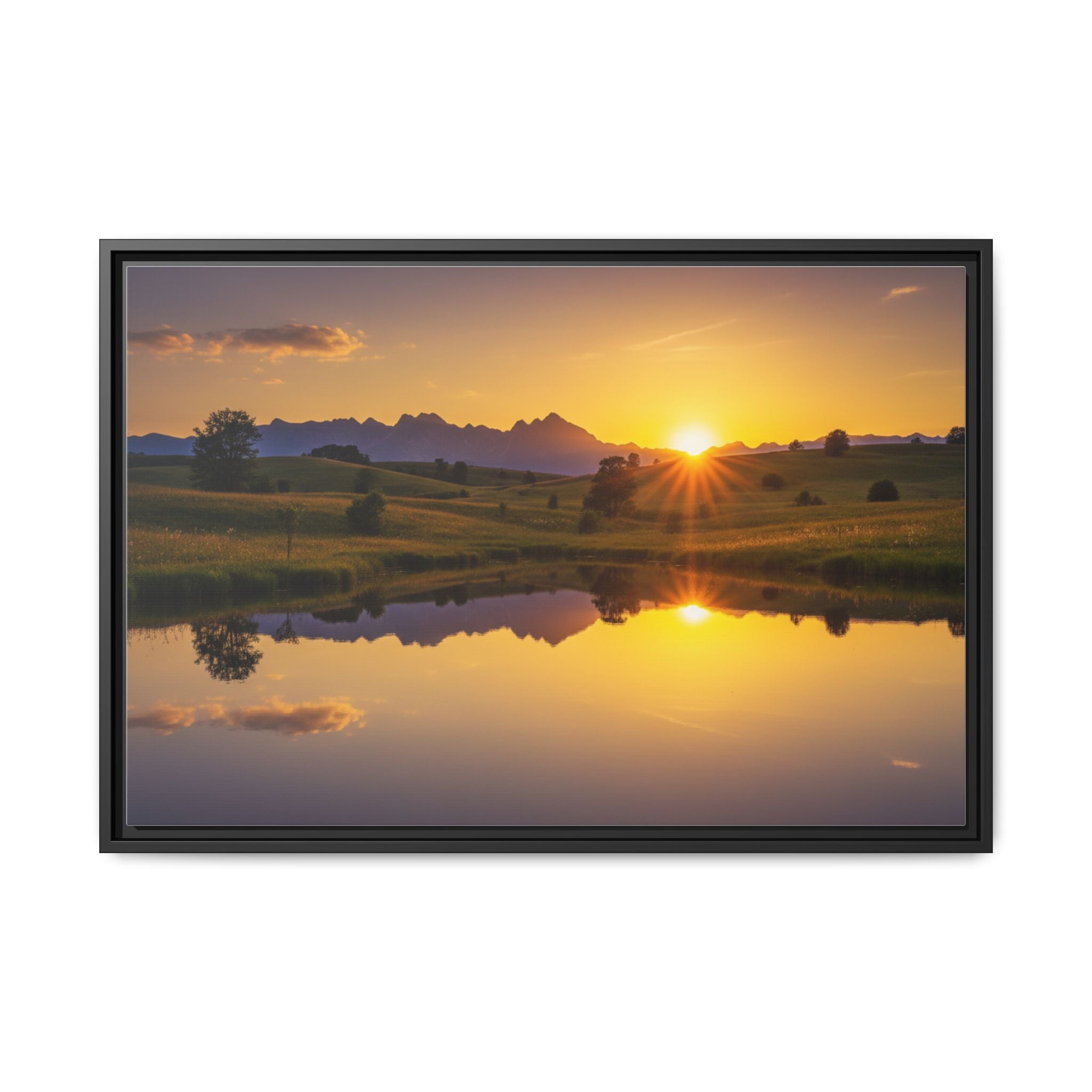 Framed Matte Canvas Sunset Landscape — Serene Lake Reflection Wall Art