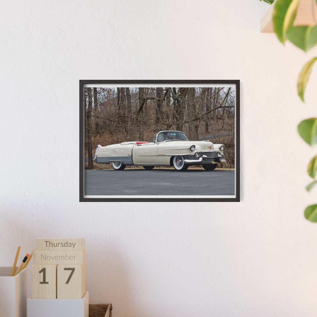 Vintage 1950s White Cadillac Poster with Wooden Frame - Classic Car Wall Art