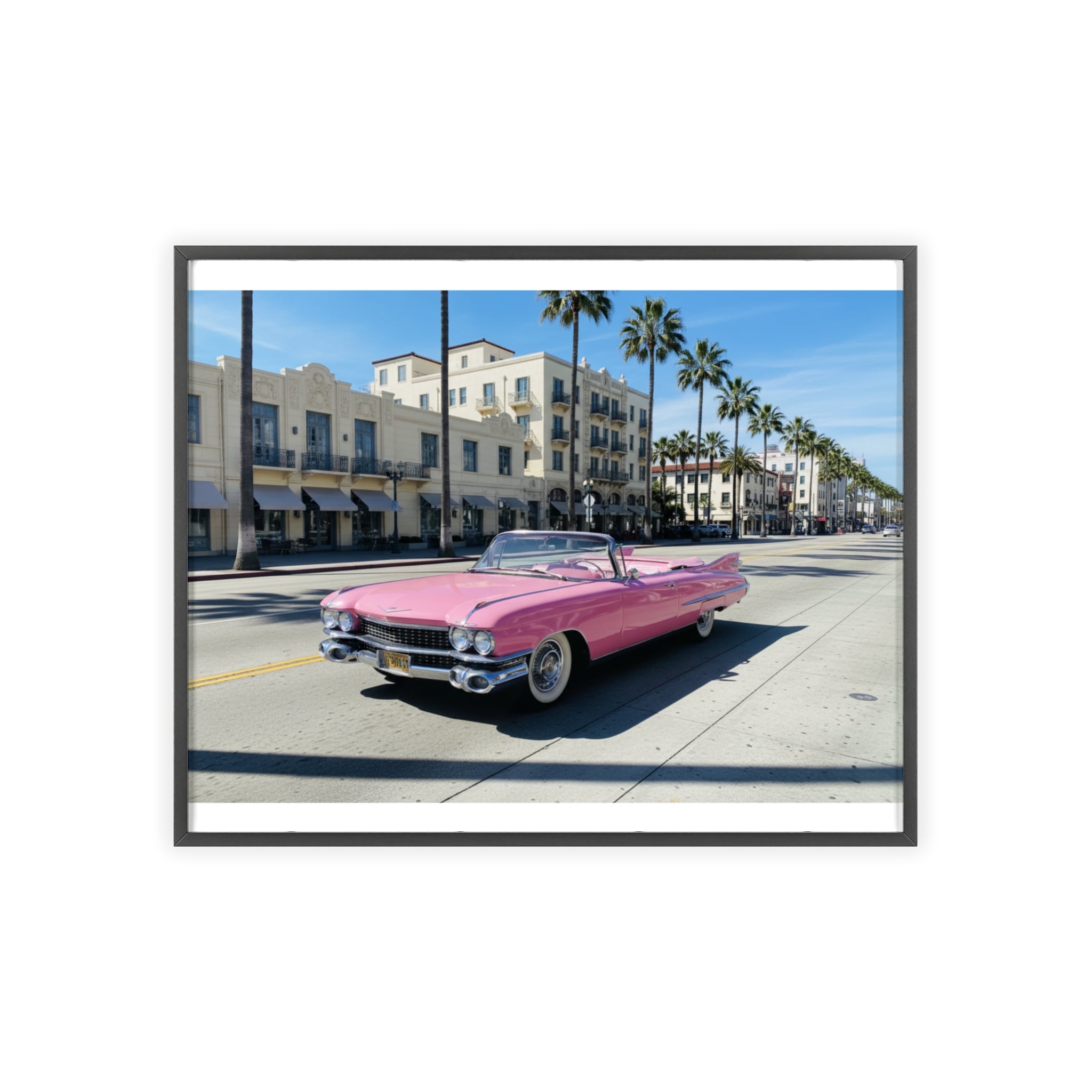 Retro Pink Cadillac Poster with Wooden Frame — Vintage Palm-Drive Wall Art