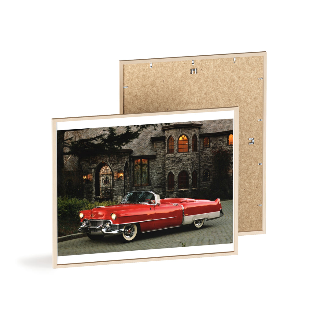 Vintage Red Convertible Poster with Wooden Frame — Classic Car Wall Art