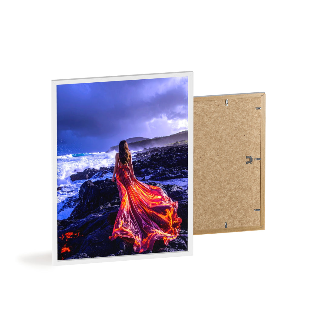 Framed Art Print — Woman in Fiery Red Dress on Rocky Shore (Wooden Frame Poster)