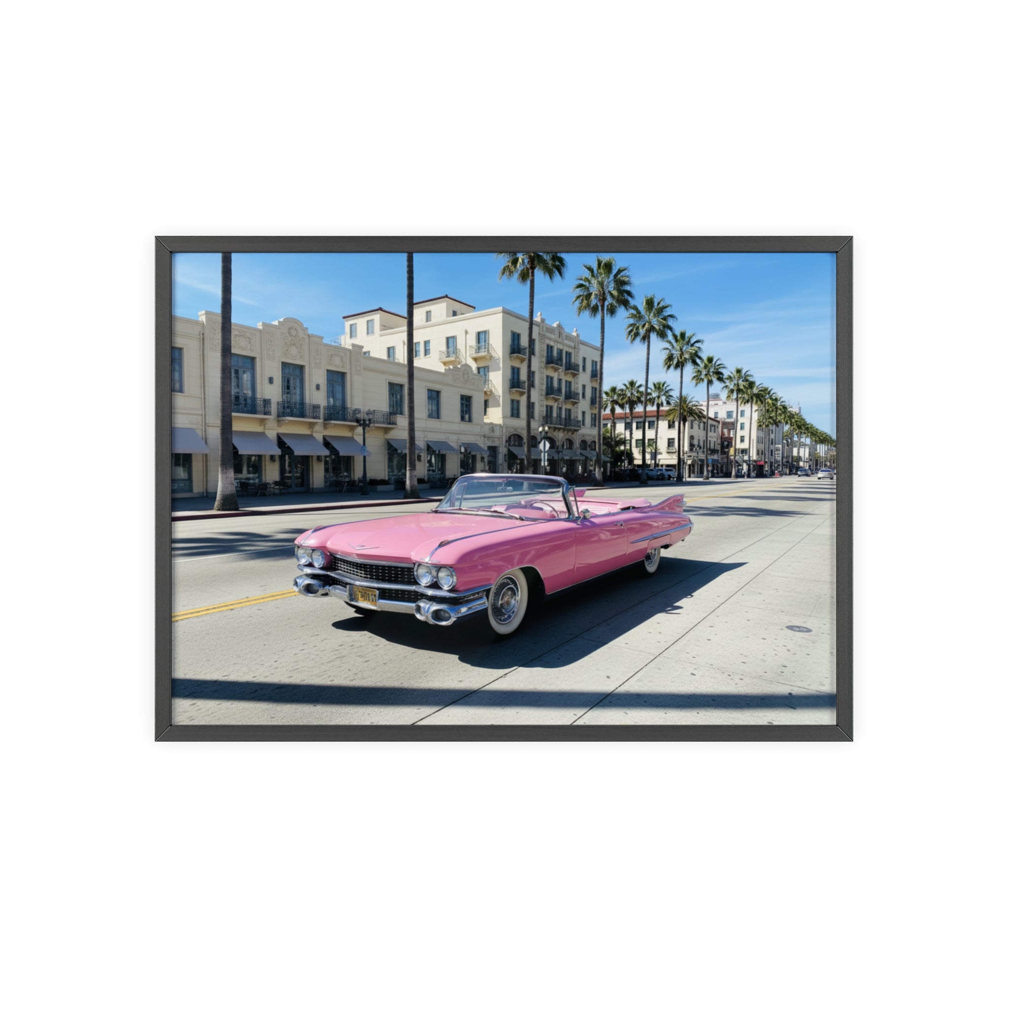 Retro Pink Cadillac Poster with Wooden Frame — Vintage Palm-Drive Wall Art