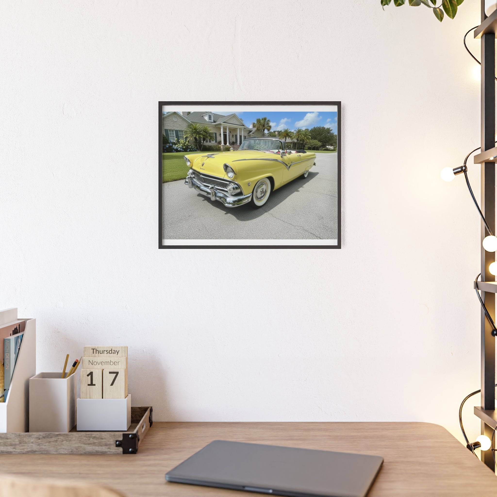 Vintage Yellow Classic Car Poster — Framed Wooden Wall Art