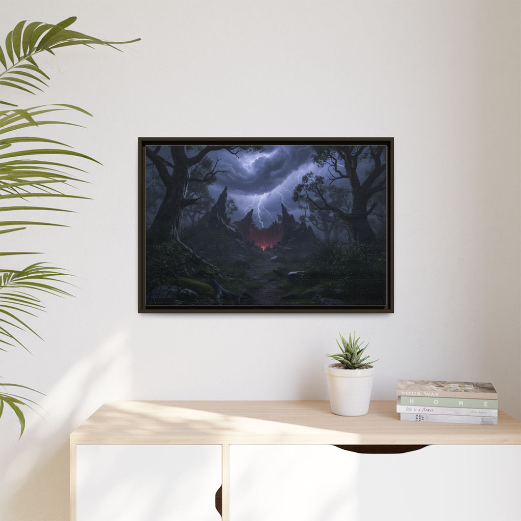Dark Storm Forest Framed Canvas Print — Lightning, Haunted Castle Art