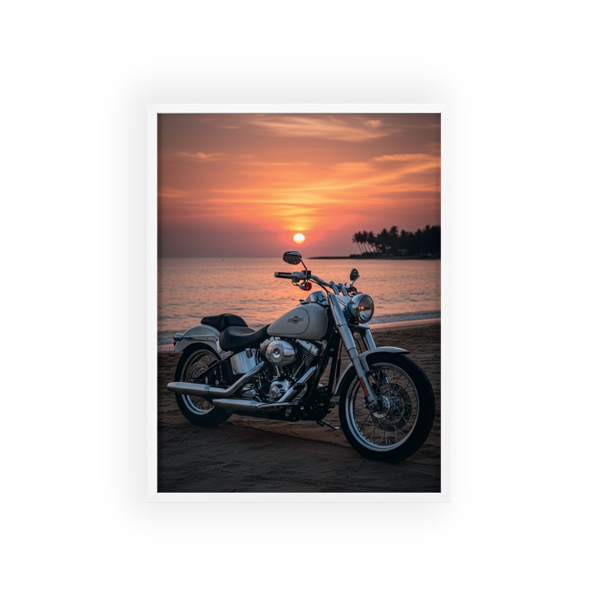 Sunset Beach Motorcycle Poster with Wooden Frame — Vintage Cruiser Wall Art