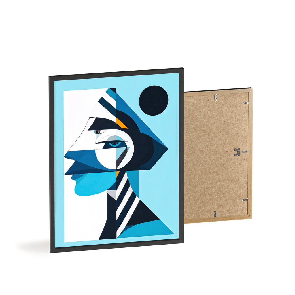 Abstract Geometric Portrait Poster with Wooden Frame — Blue Modern Wall Art