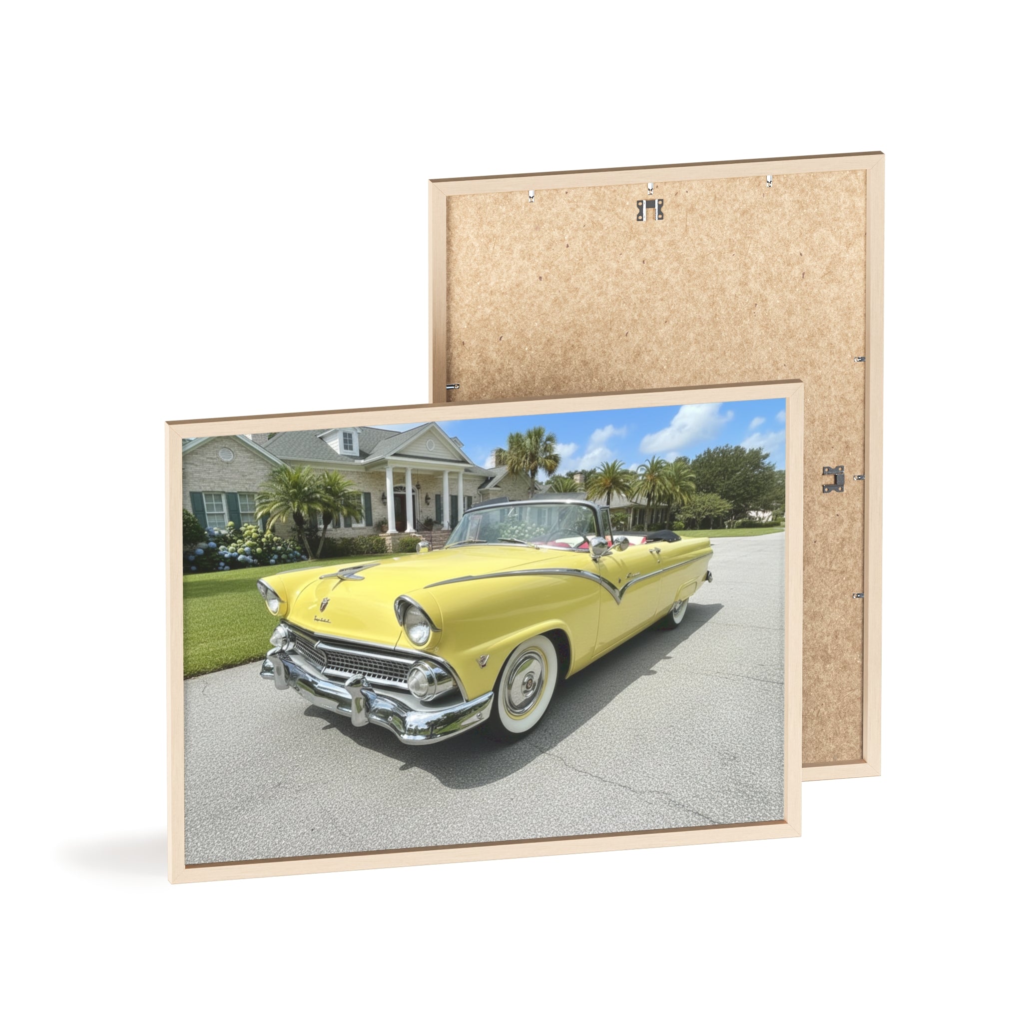 Vintage Yellow Classic Car Poster — Framed Wooden Wall Art