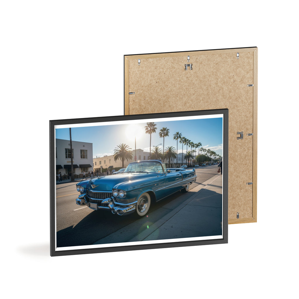 Framed Vintage Cadillac Poster – Retro Palm-Tree Coastal Car Wall Art