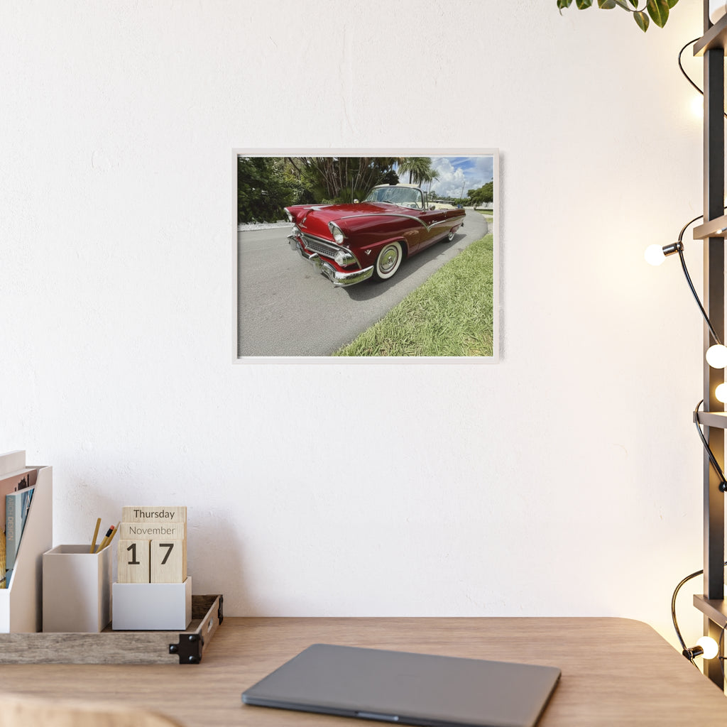 Vintage Red Convertible Poster with Wooden Frame — Classic Car Wall Art