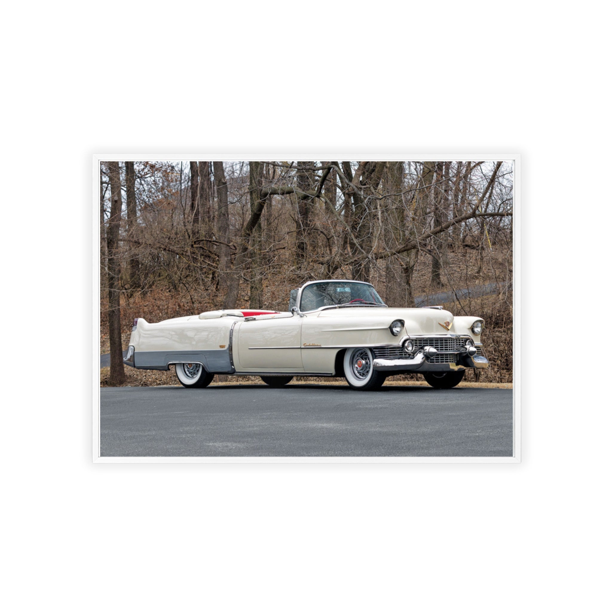 Vintage 1950s White Cadillac Poster with Wooden Frame - Classic Car Wall Art