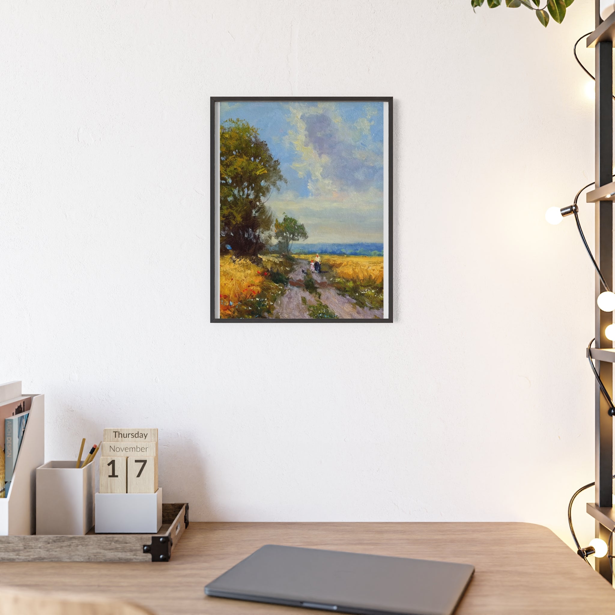 Framed Countryside Landscape Poster — Rustic Wooden Frame Wall Art