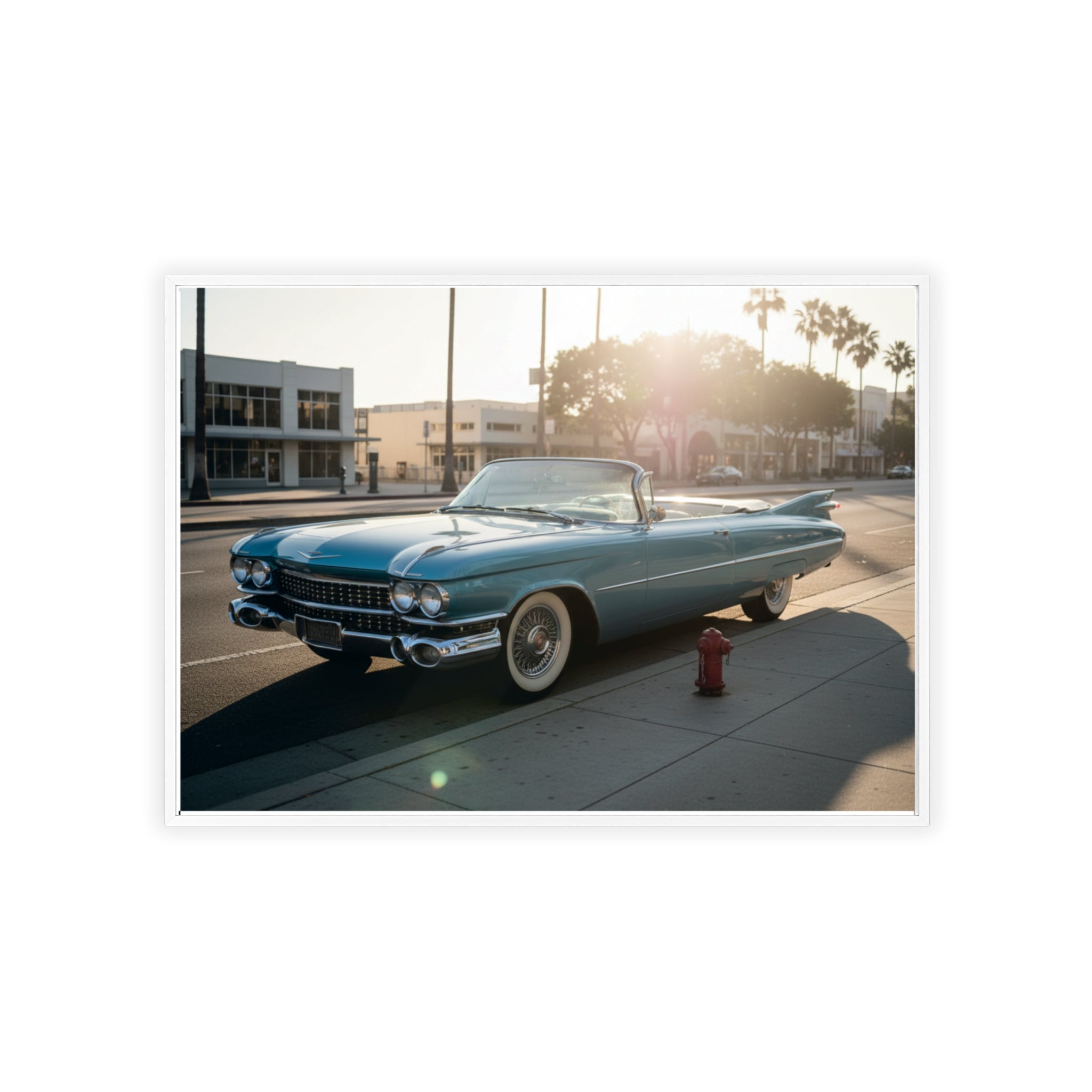 Vintage Blue Cadillac Poster with Wooden Frame – Retro Car Wall Art