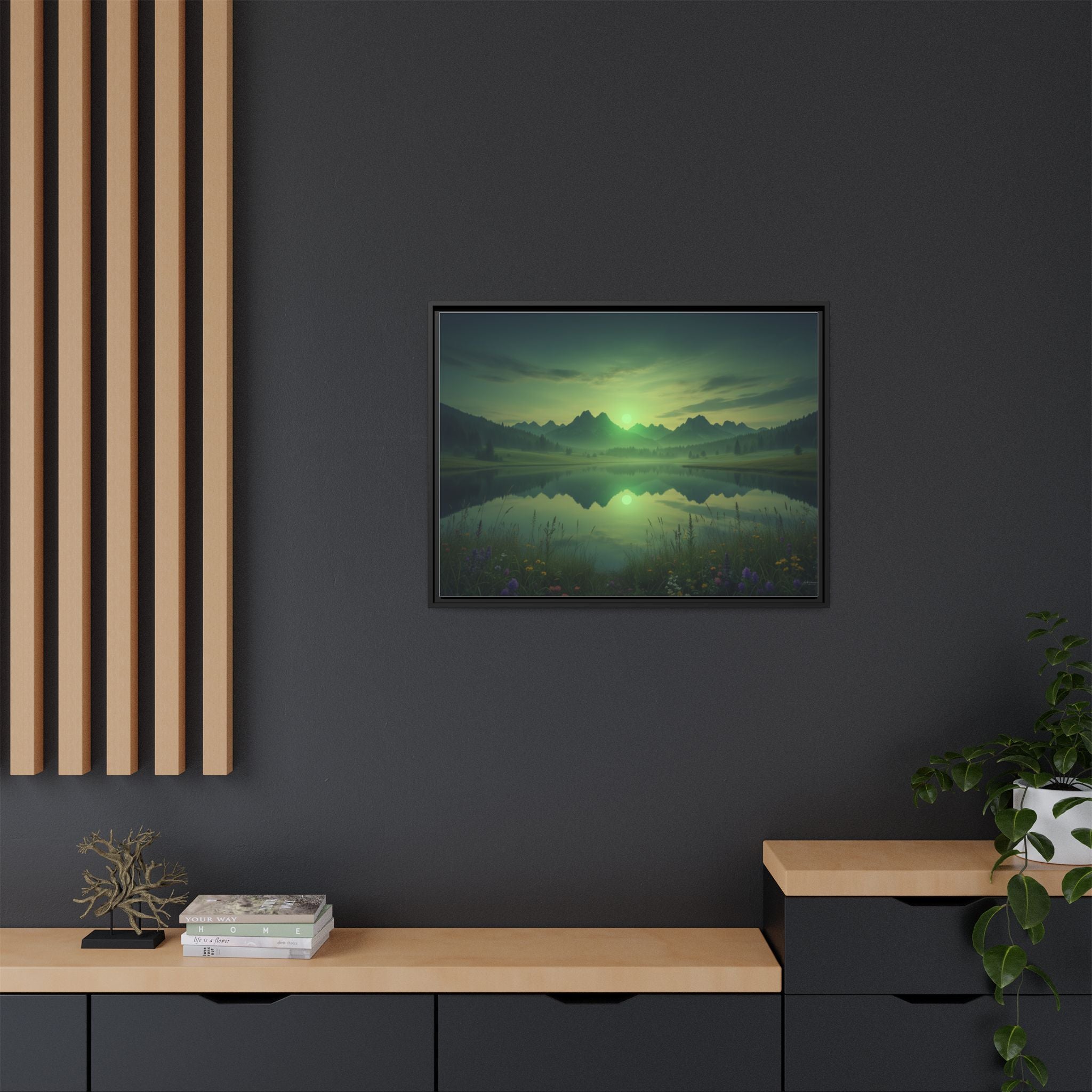 Framed Matte Canvas Print — Serene Green Mountain Lake Landscape