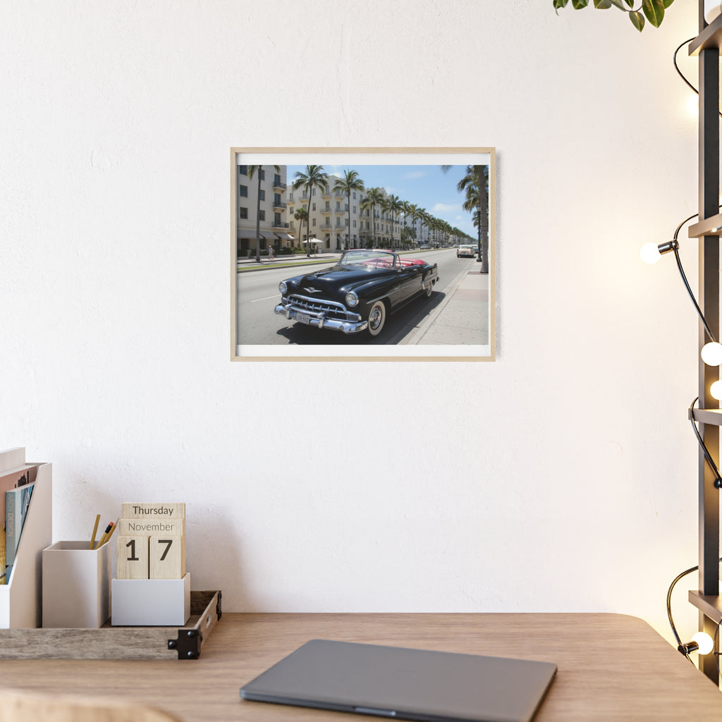 Vintage Convertible on Ocean Drive Framed Poster – Retro Classic Car Wall Art
