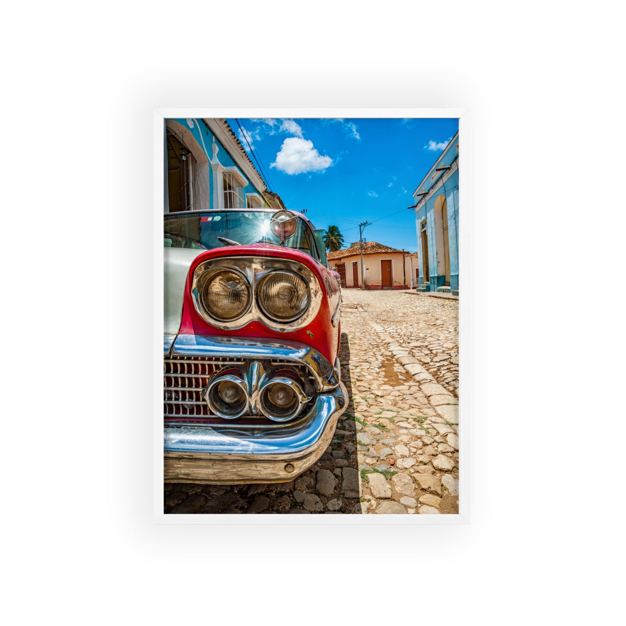 Vintage Classic Car Poster with Wooden Frame — Retro Cuba Street Photography Wall Art