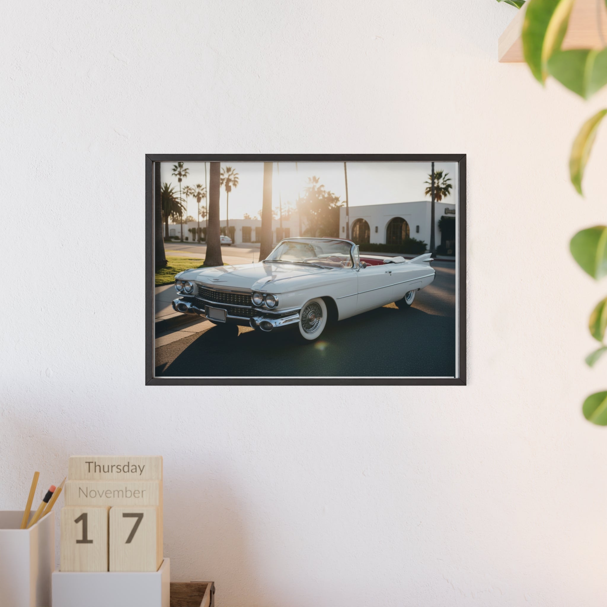 Vintage Cadillac Convertible Poster with Wooden Frame — Retro Palm Trees Sunset Wall Art