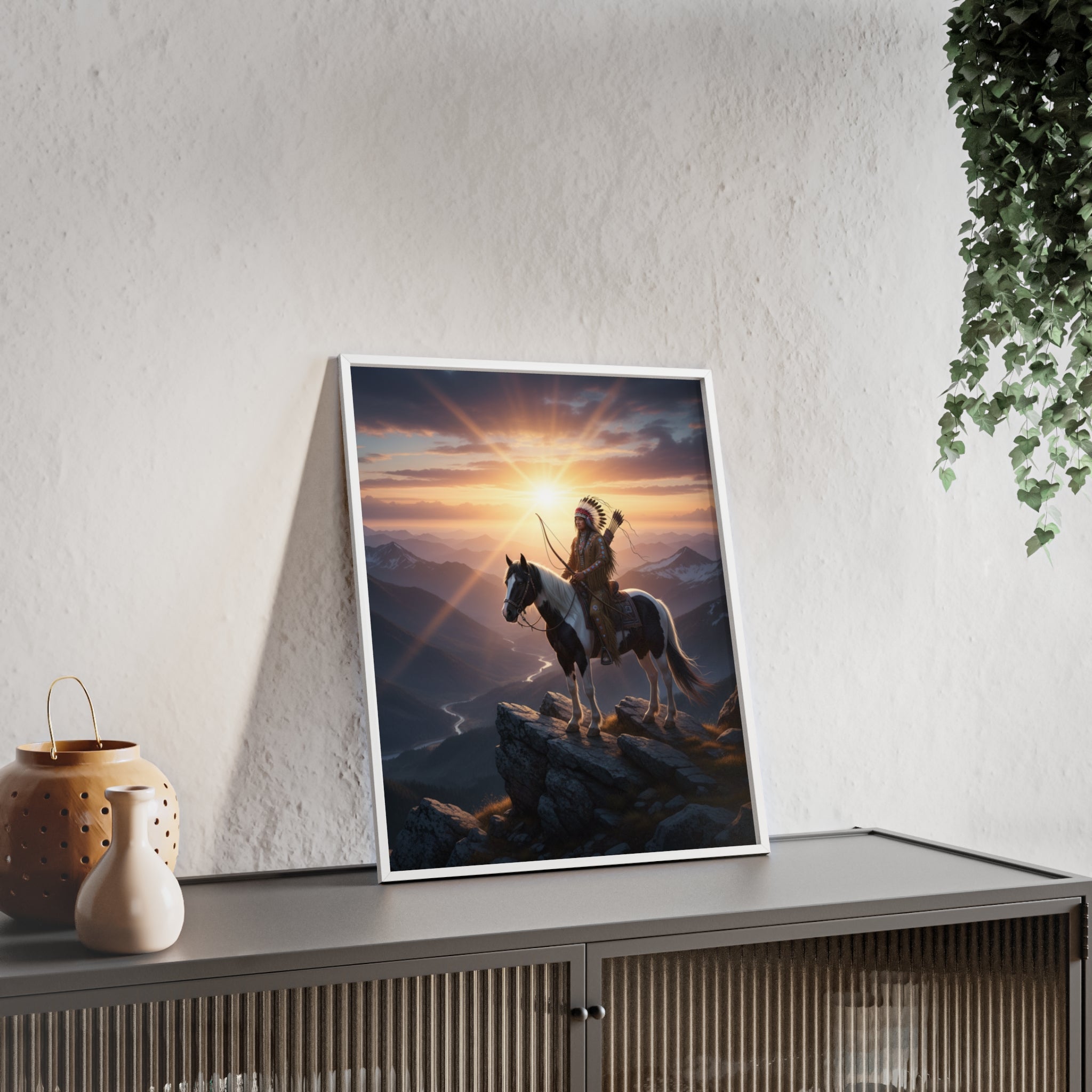 Native American Warrior on Horse Framed Poster — Scenic Sunrise Wall Art