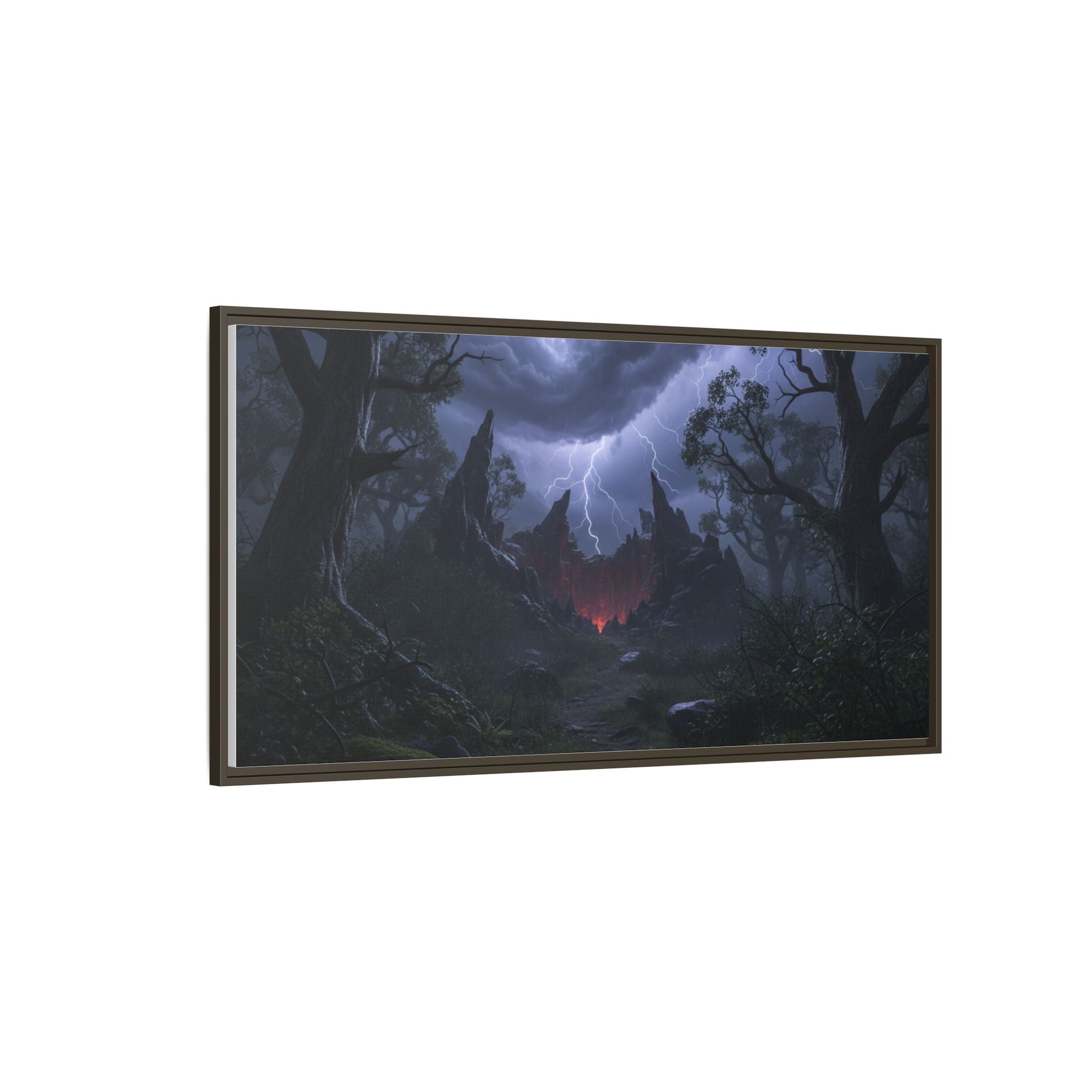 Dark Storm Forest Framed Canvas Print — Lightning, Haunted Castle Art