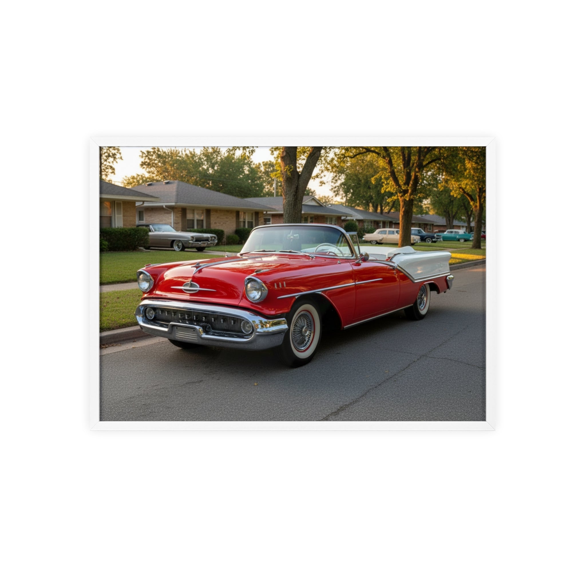 Vintage Red Convertible Poster with Wooden Frame — Classic Car Wall Art