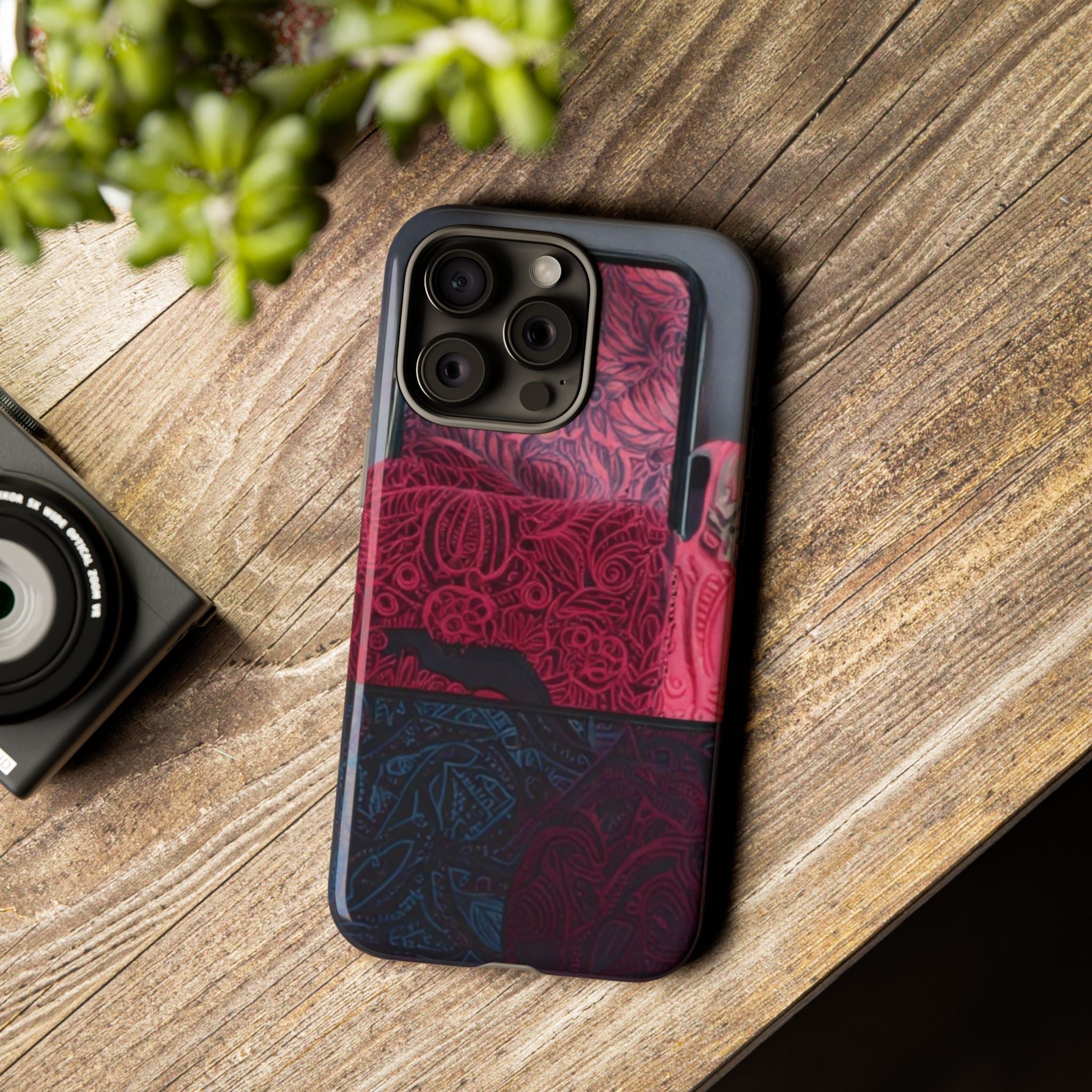 Floral Patchwork Tough Phone Case — Pink & Navy Doodle Design