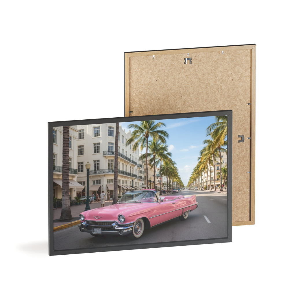 Vintage Pink Cadillac Wall Poster with Wooden Frame — Retro Miami Palm Street Photography