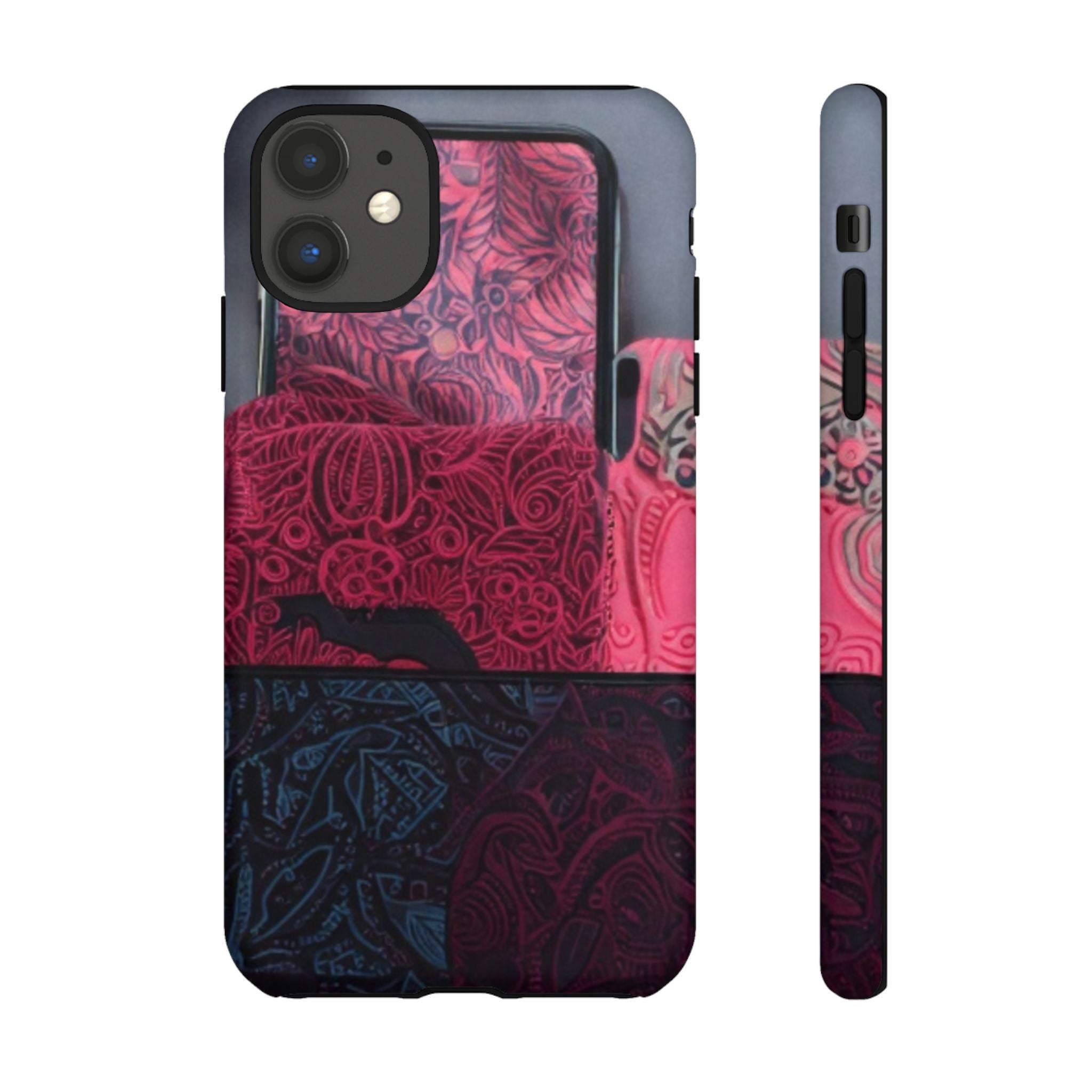 Floral Patchwork Tough Phone Case — Pink & Navy Doodle Design
