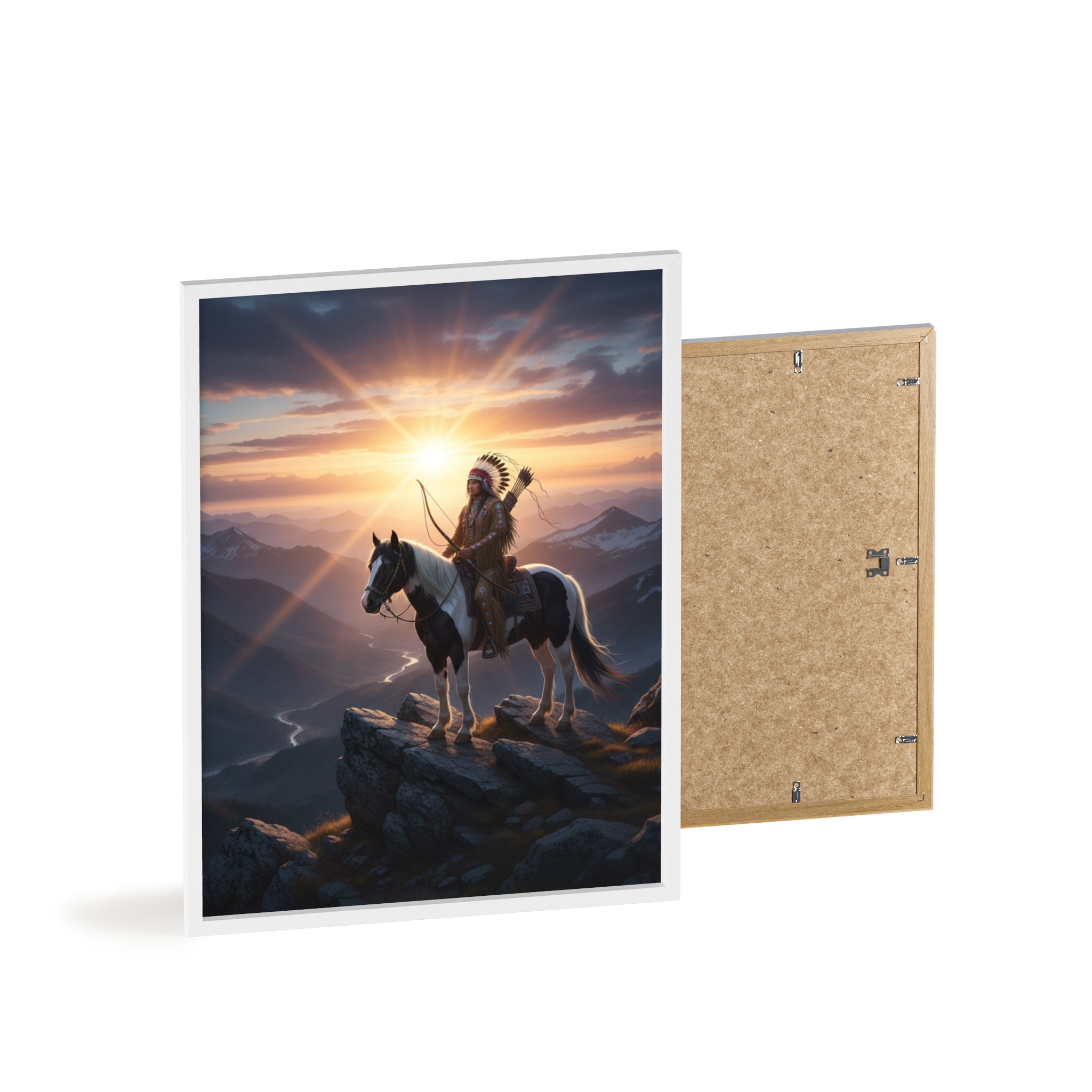Native American Warrior on Horse Framed Poster — Scenic Sunrise Wall Art