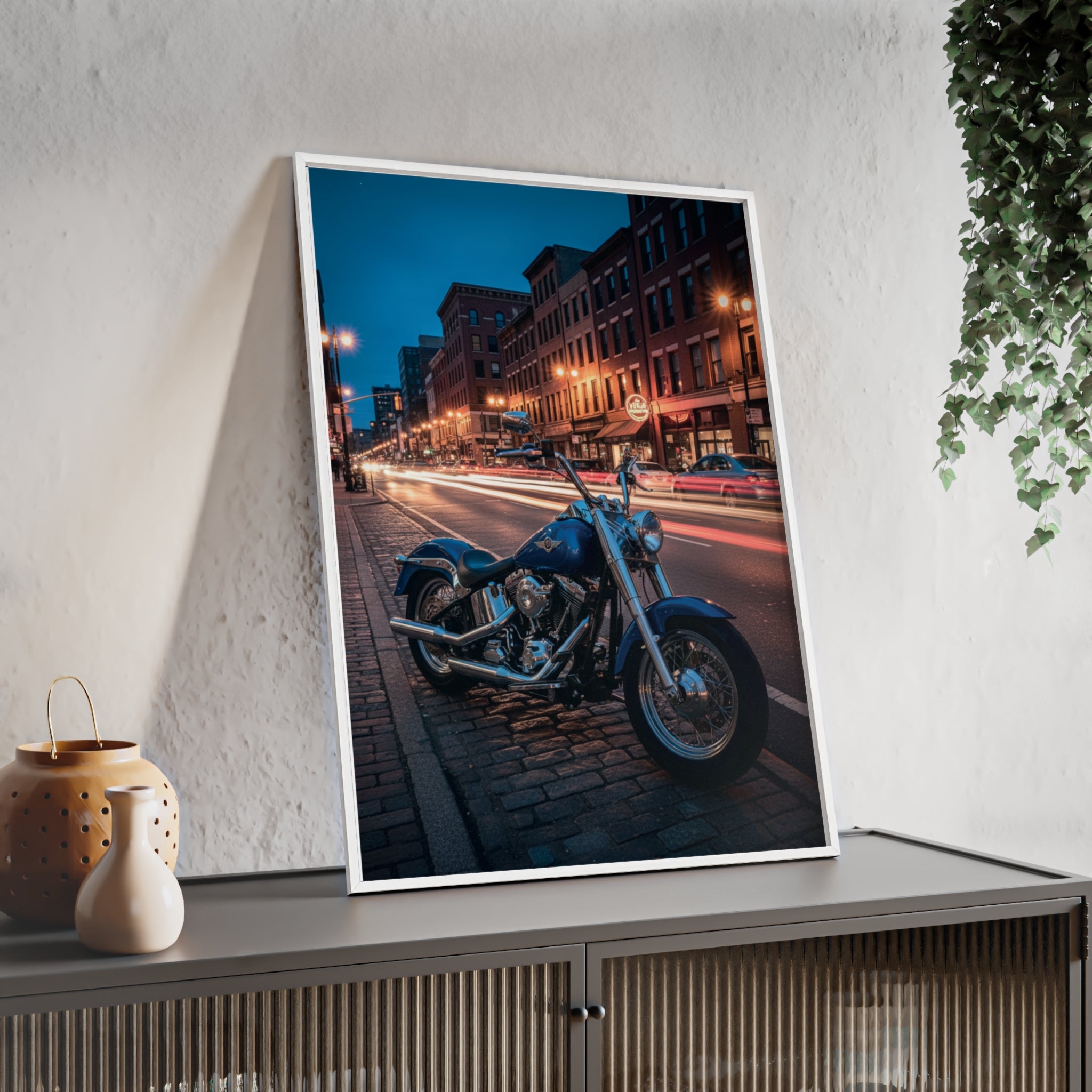 Framed Motorcycle Poster — Night City Street Bike Wall Art