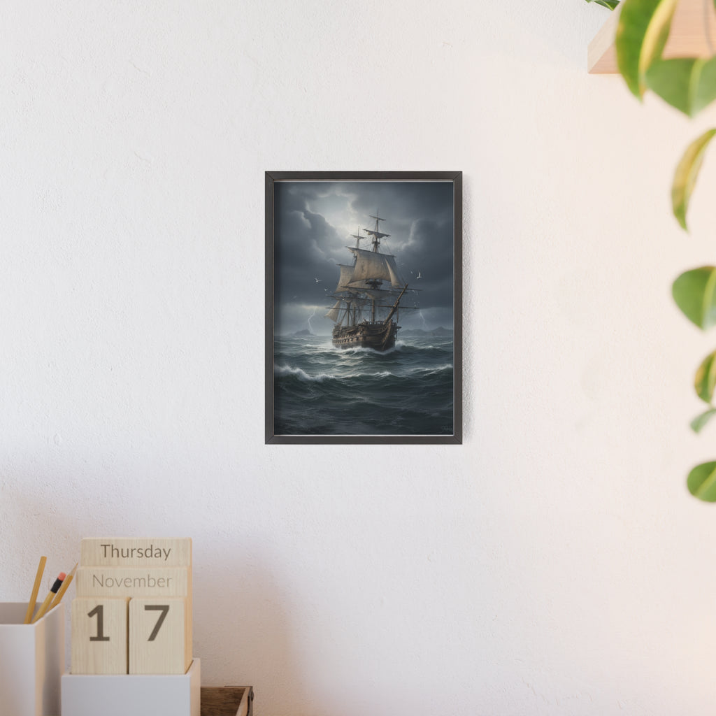 Framed Stormy Sea Ship Poster — Nautical Wall Art with Wooden Frame