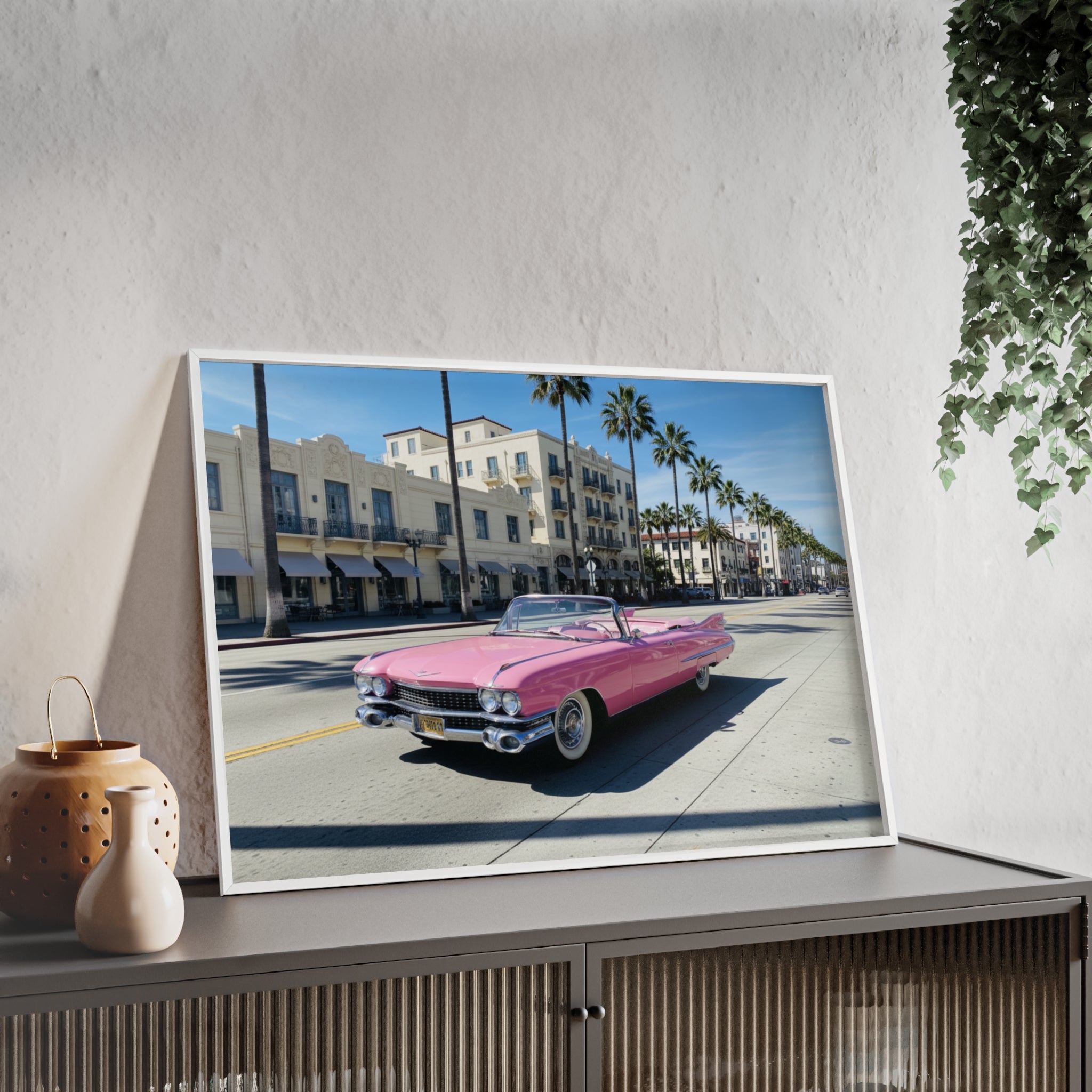 Retro Pink Cadillac Poster with Wooden Frame — Vintage Palm-Drive Wall Art