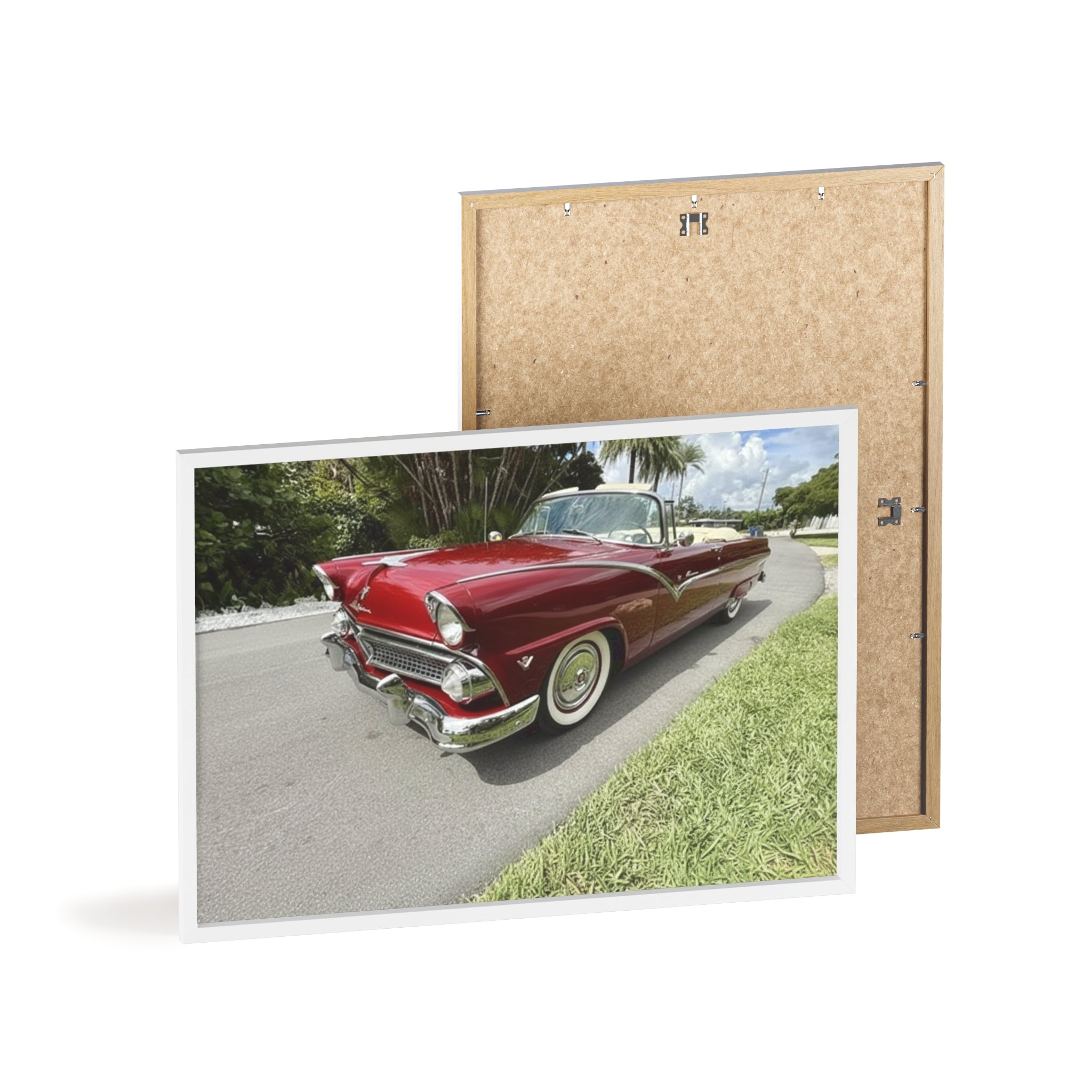 Vintage Red Convertible Poster with Wooden Frame — Classic Car Wall Art