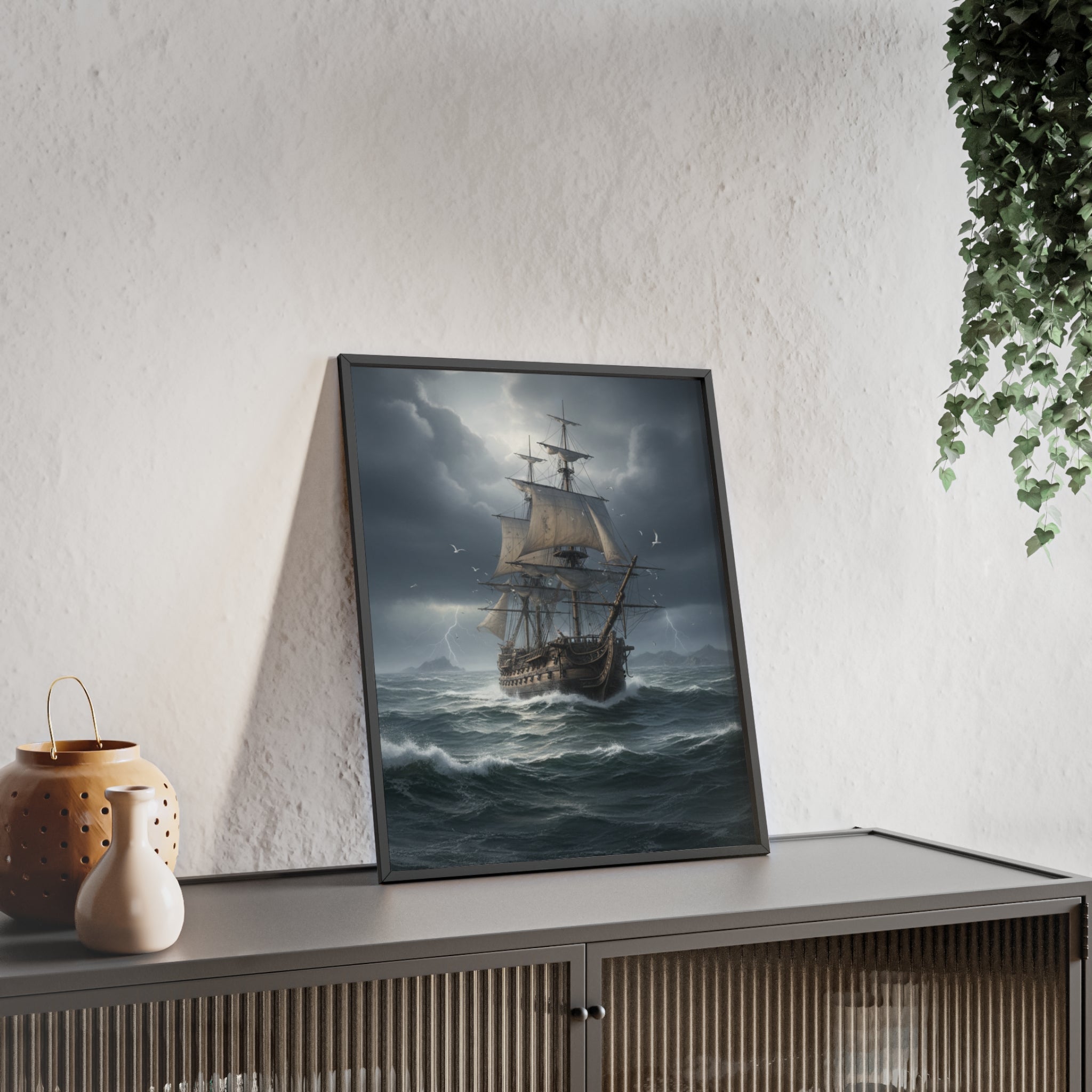 Framed Stormy Sea Ship Poster — Nautical Wall Art with Wooden Frame