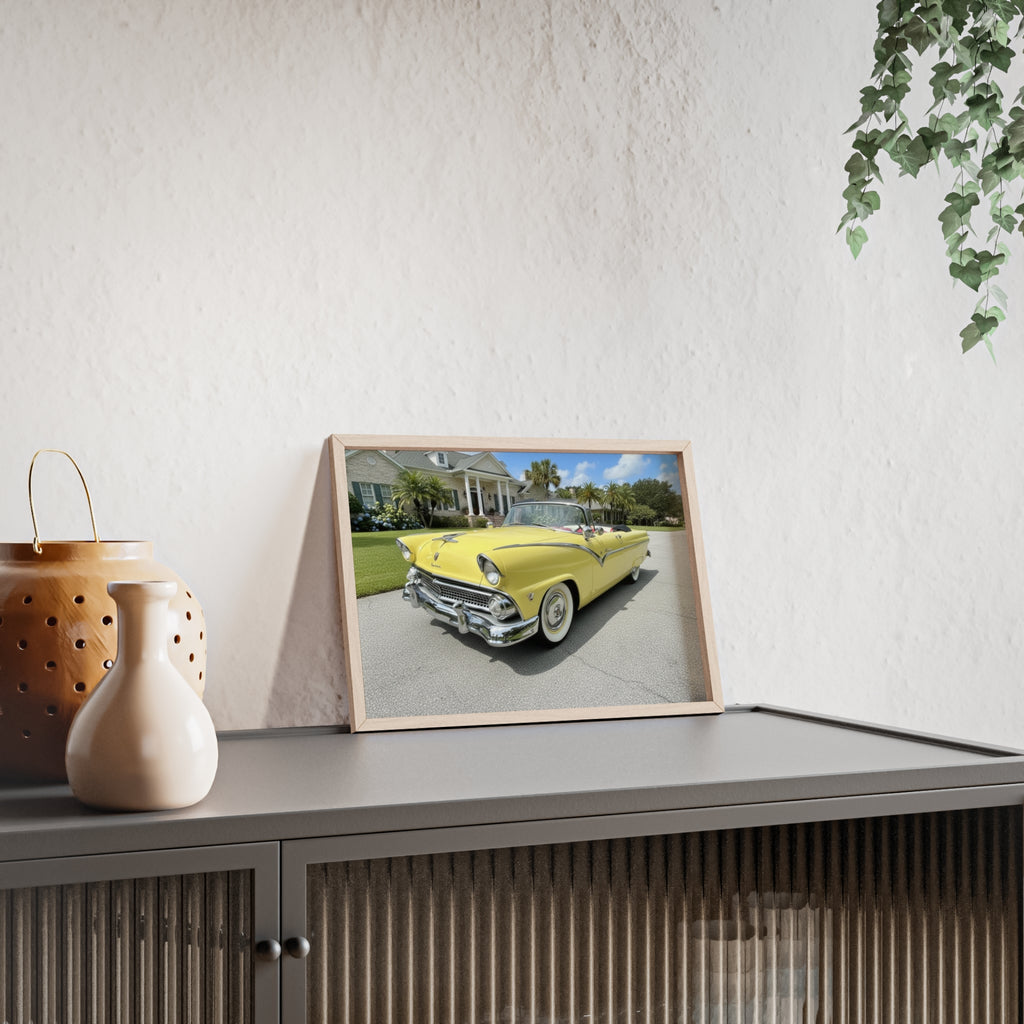 Vintage Yellow Classic Car Poster — Framed Wooden Wall Art