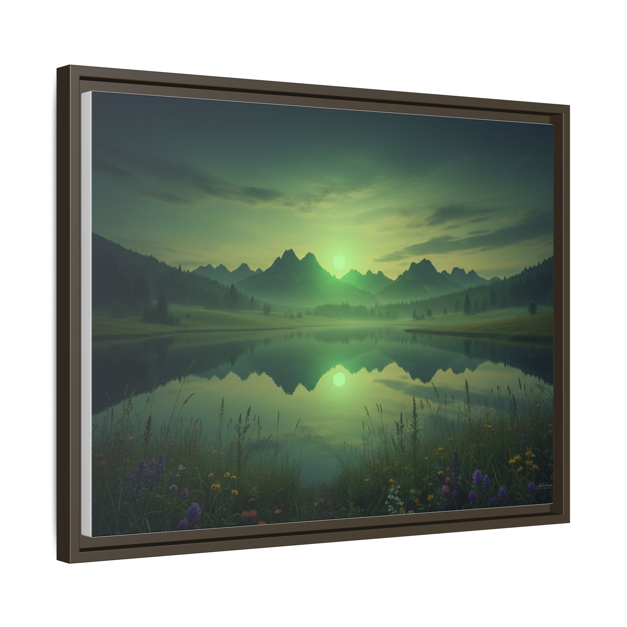 Framed Matte Canvas Print — Serene Green Mountain Lake Landscape