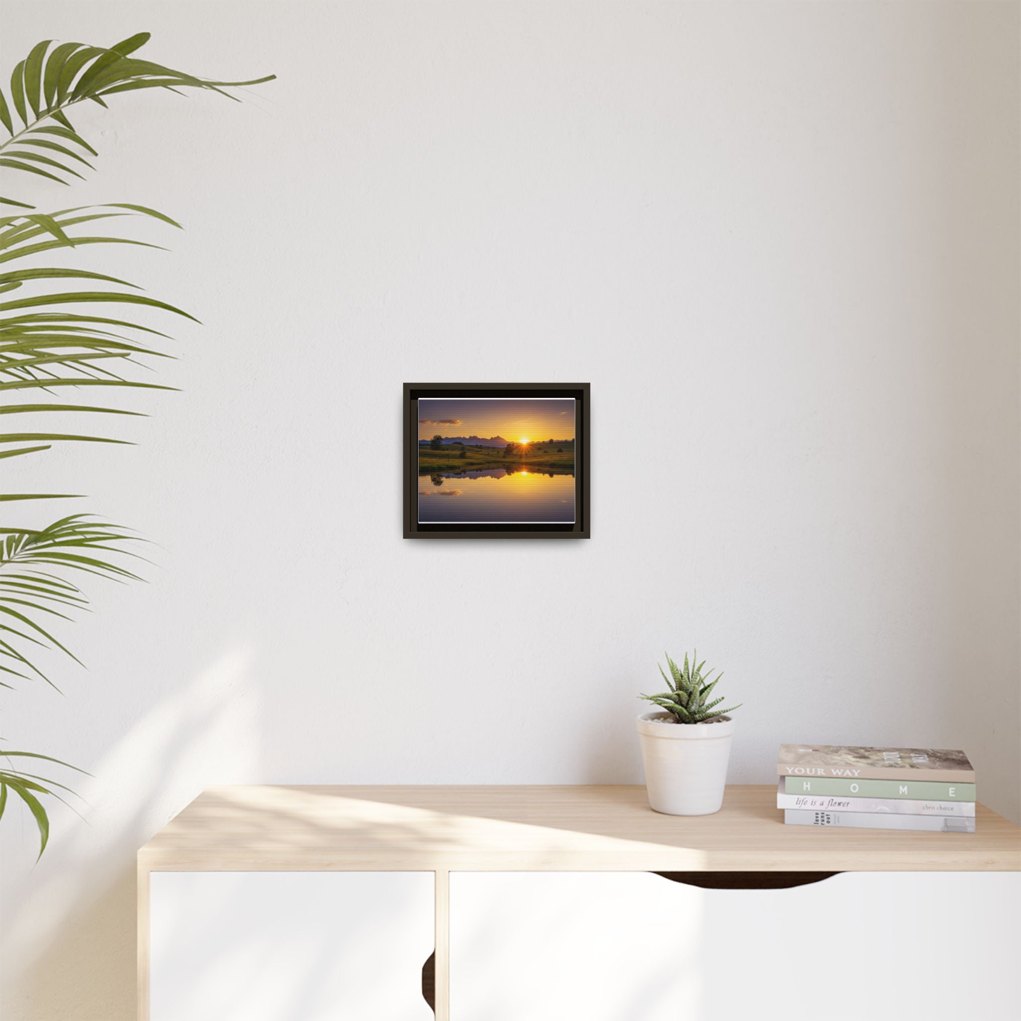Framed Matte Canvas Sunset Landscape — Serene Lake Reflection Wall Art