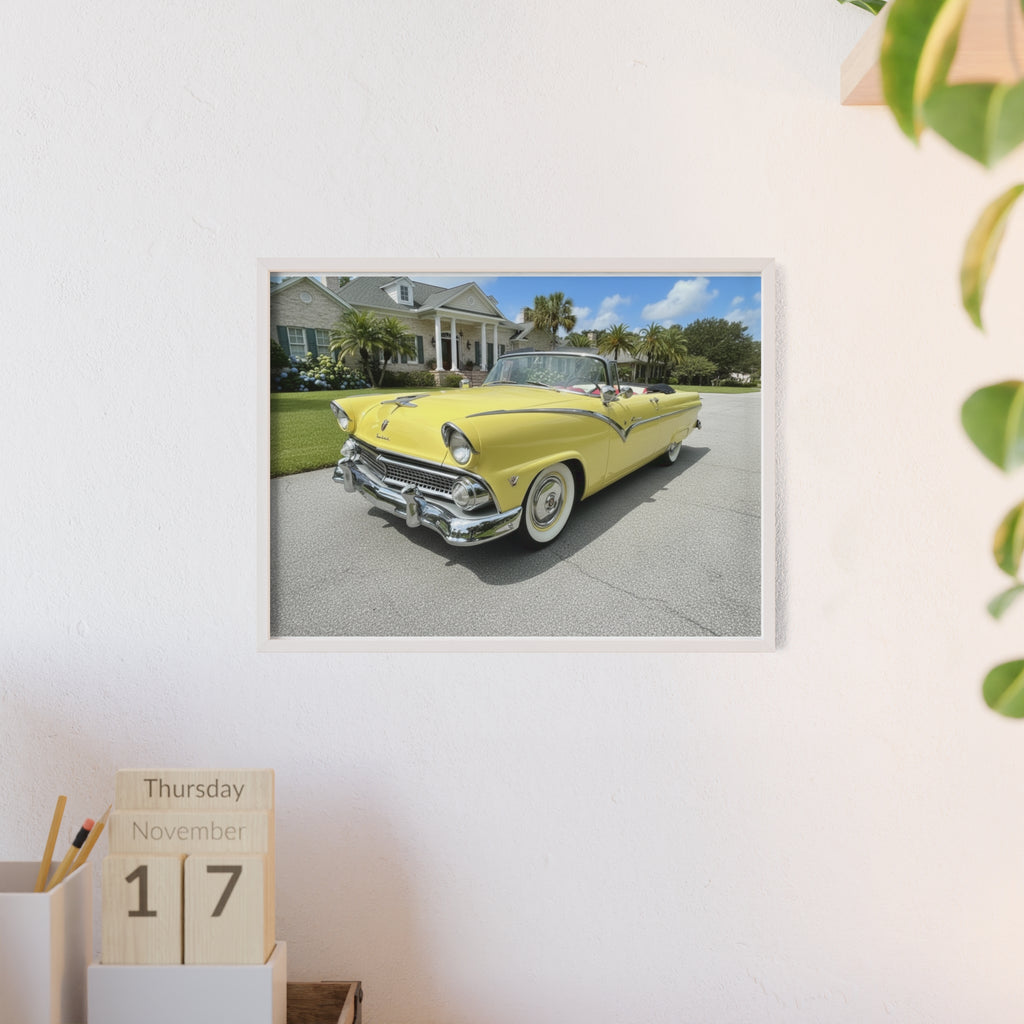 Vintage Yellow Classic Car Poster — Framed Wooden Wall Art
