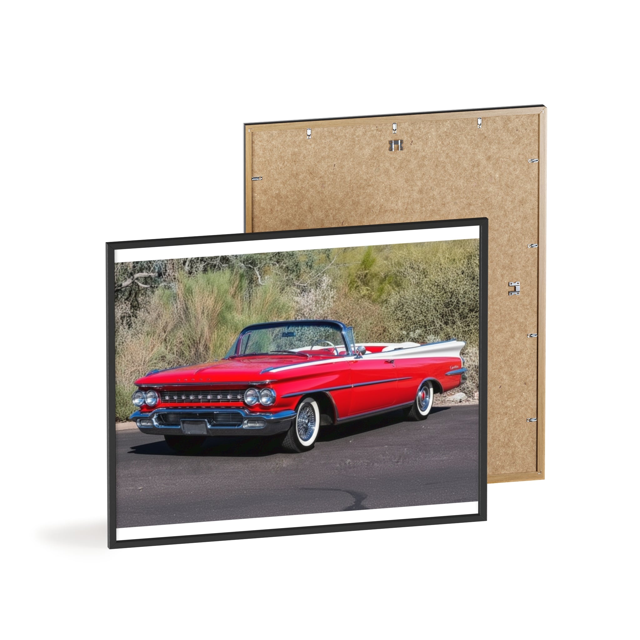 Vintage Red Convertible Car Poster with Wooden Frame — Classic Auto Wall Art