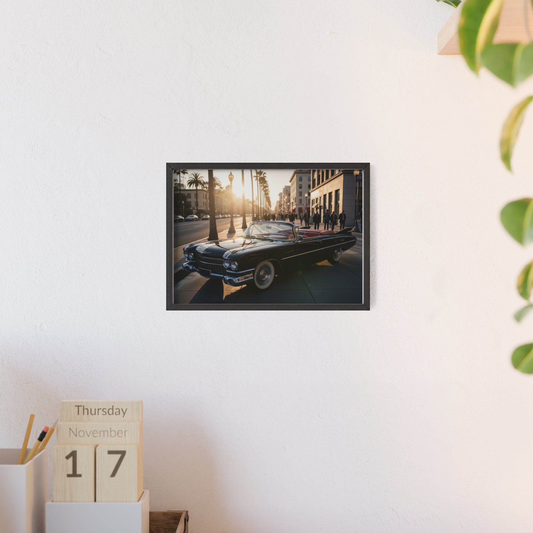 Vintage Convertible Sunset Poster with Wooden Frame